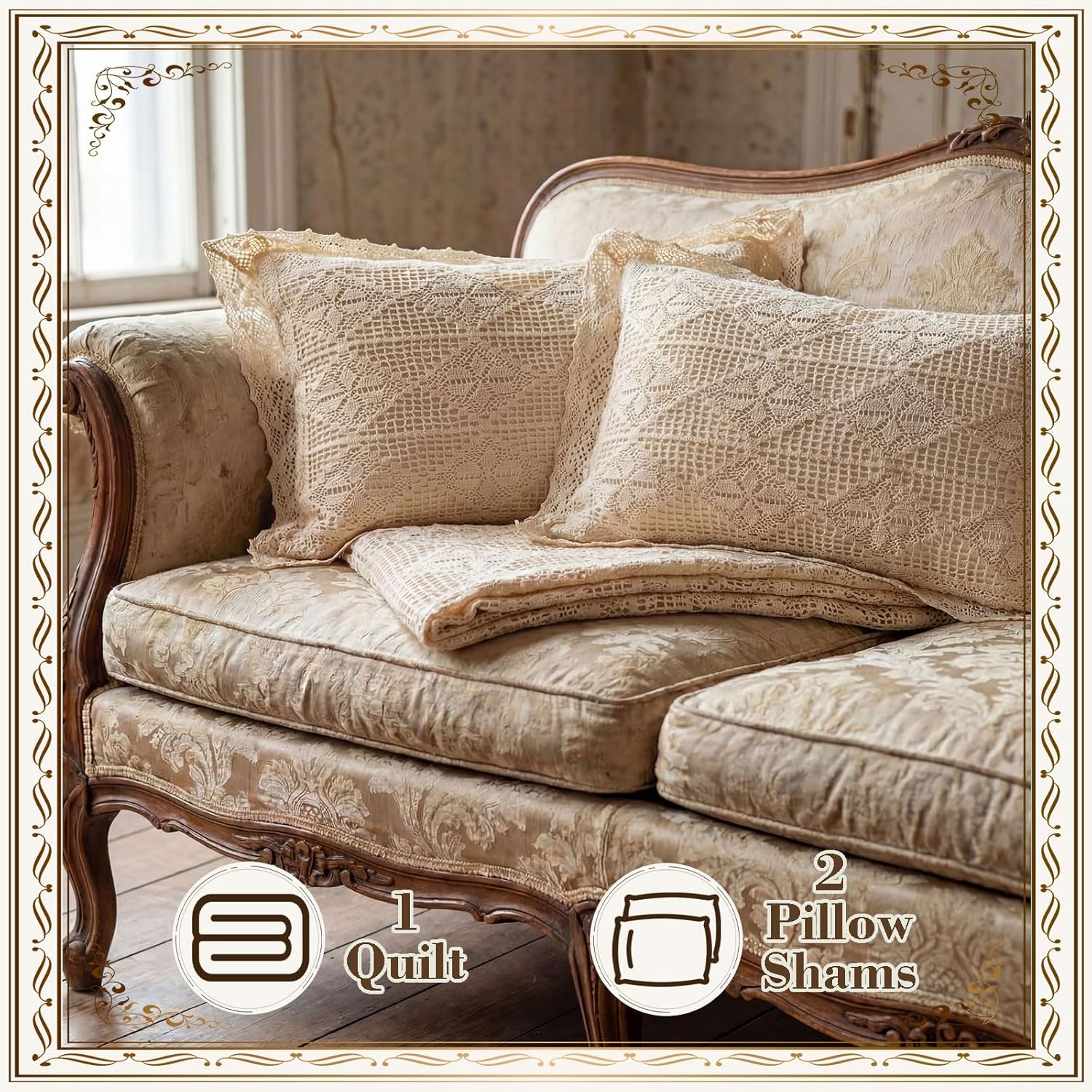 Tigeen Large Vintage King Bedding Set Crochet Linen Bedspread 106 x 110 Inches 1 Pcs Floral Beige Lace Blanket for Bed Spread with 2 Pcs Pillowcases, Gifts for Woman