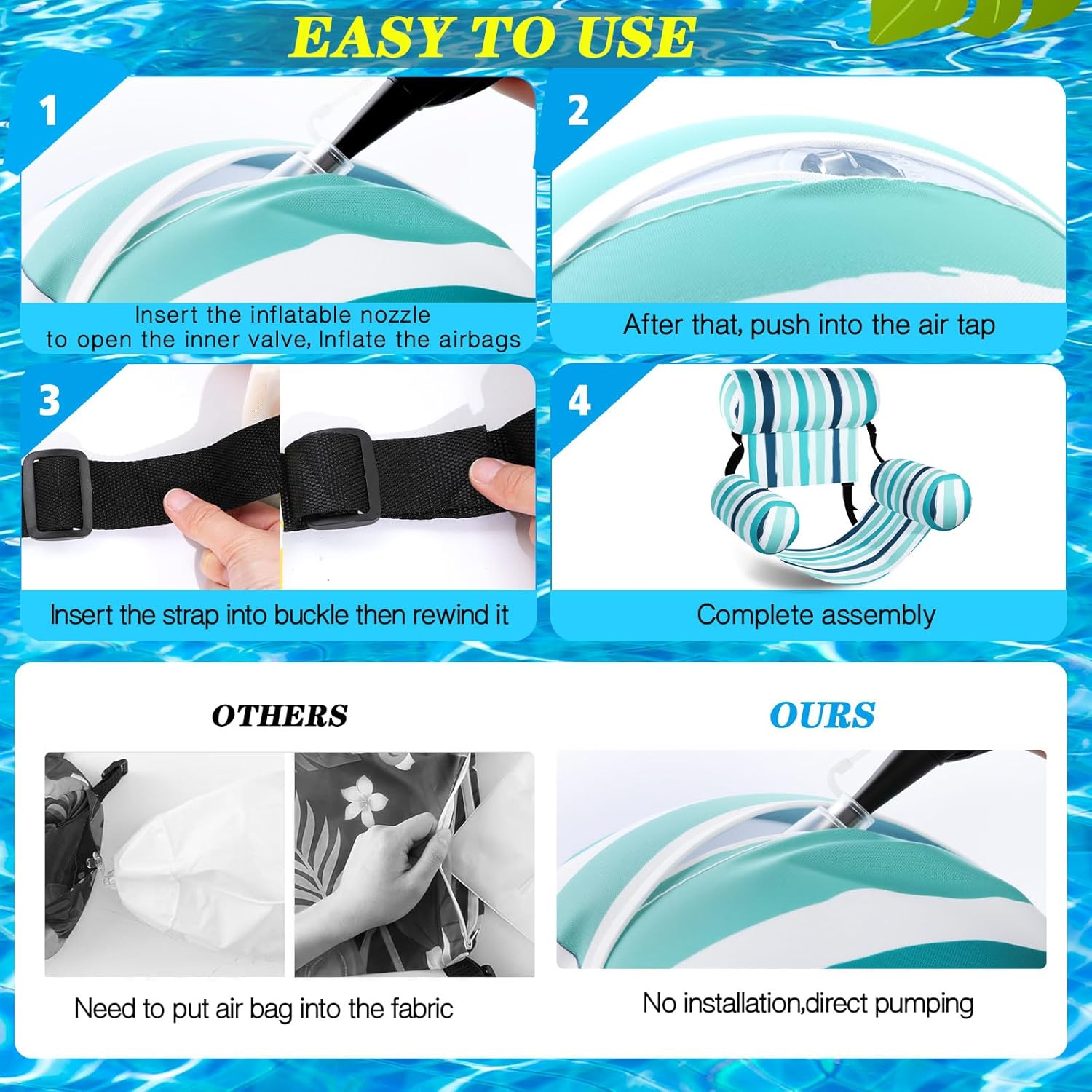 Pool Chair Float Adult Inflatable Floating Chair Fabric Covered Water Float Seats Adjustable Pool Hammock Blow up Swimming Noodle Lounge for Party Play Summer Water Fun (Green)