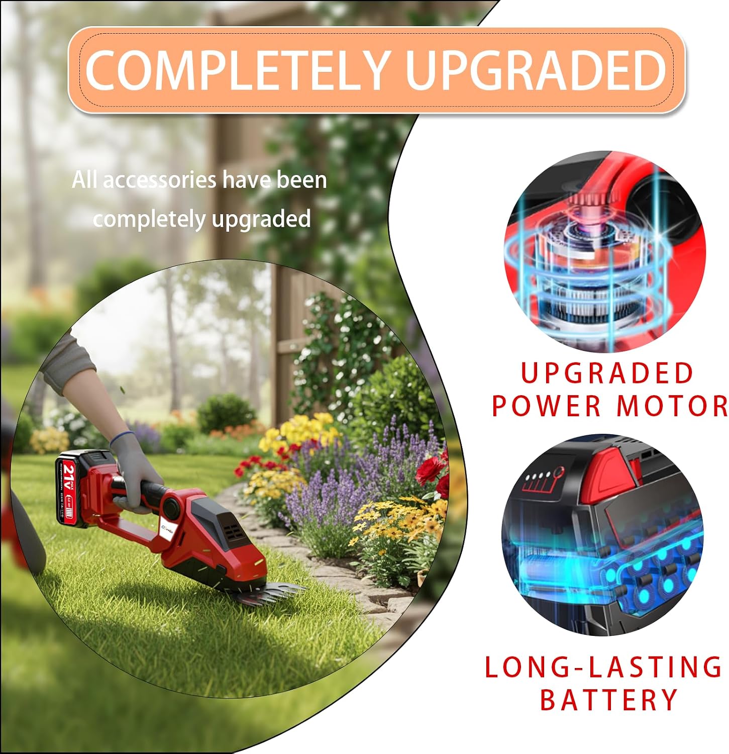 Cordless Hedge Trimmer, 2-in-1 Hedge Trimmer, Electric Hedge Trimmer with Battery and Charger Included, Cordless Grass Shear & Shrubbery Trimmer for Gardens, Yards and lawns (Red)