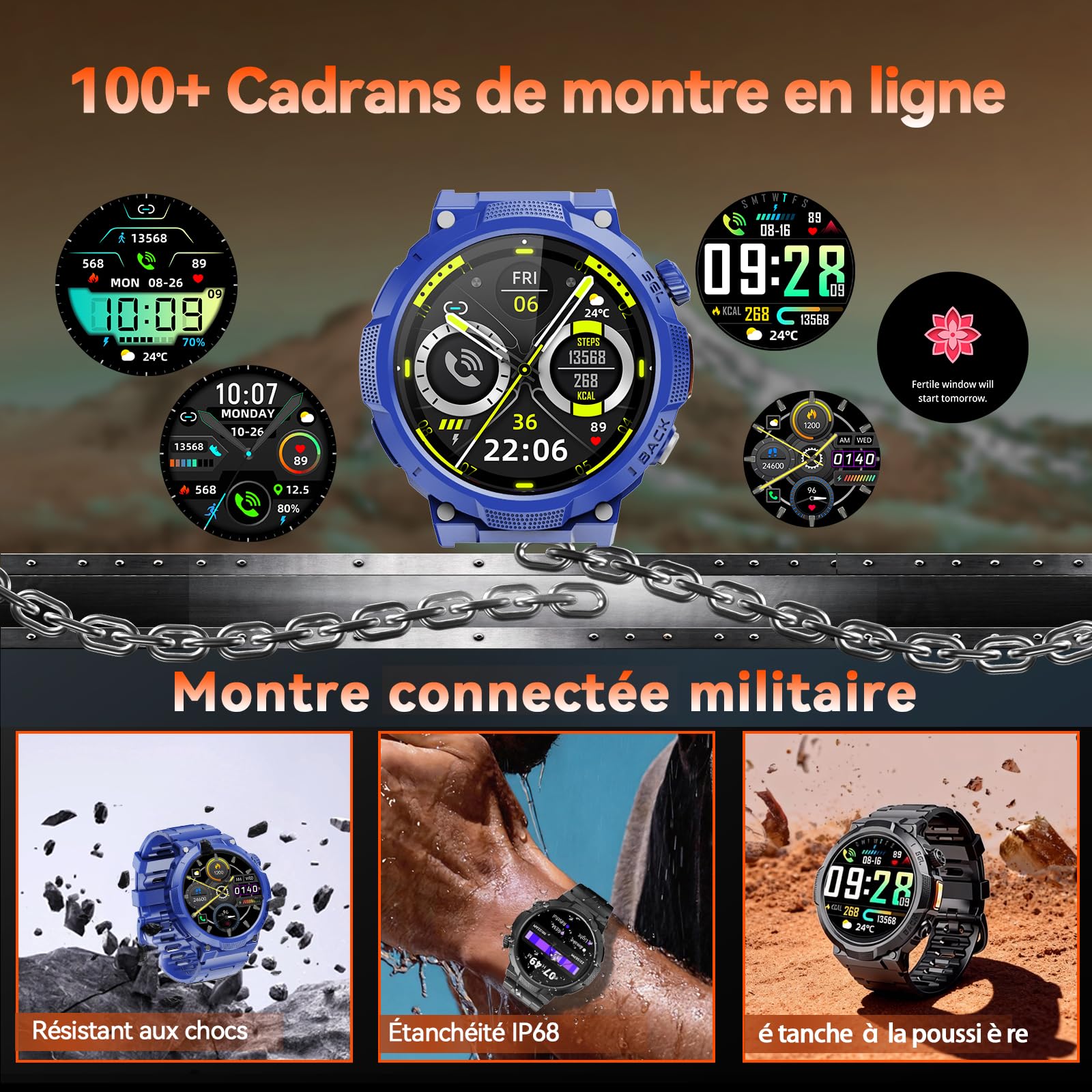 Soudorv Montre Connectée Homme, Militaire Smartwatch avec LED Lampe, Bleu