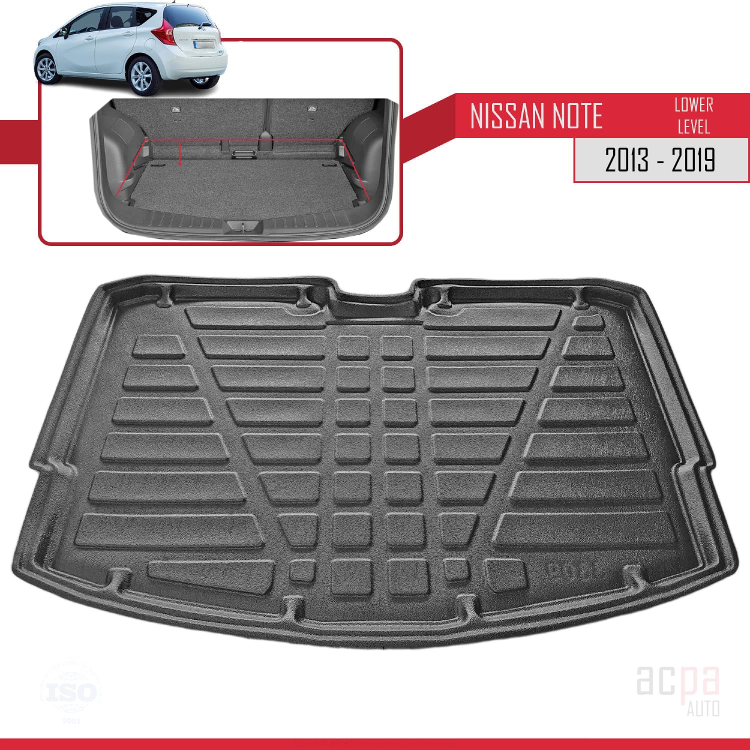 Tapis De Coffre Pour Nissan Note 2014-2019 - Noir En Caoutchouc Flexible - Neuf