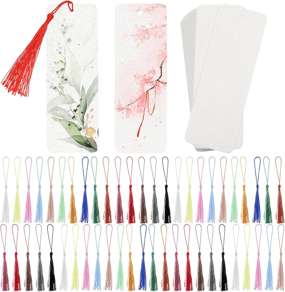 100 peças de marcadores em branco de papel aquarela com borlas coloridas, cartões de papel aquarela brancos com orifício, kit de marcadores de livro DIY para projetos de sala de aula, etiquetas de