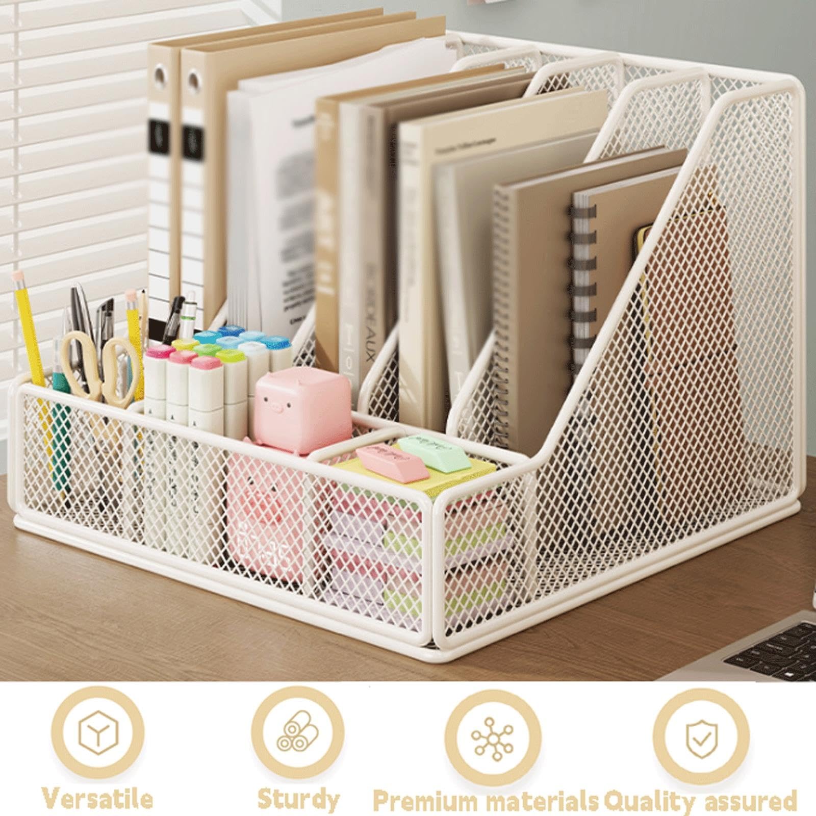 Organizer per documenti in metallo A4, 5 scomparti verticali per riviste, organizer da scrivania con portamatite per ufficio, scuola(White)