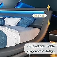 Vista 12 de WEEWAY Moderno marco de cama matrimonial con cabecera de luces LED RGBW, diseño de trineo tapizado de perfil bajo, soporte de listones de madera