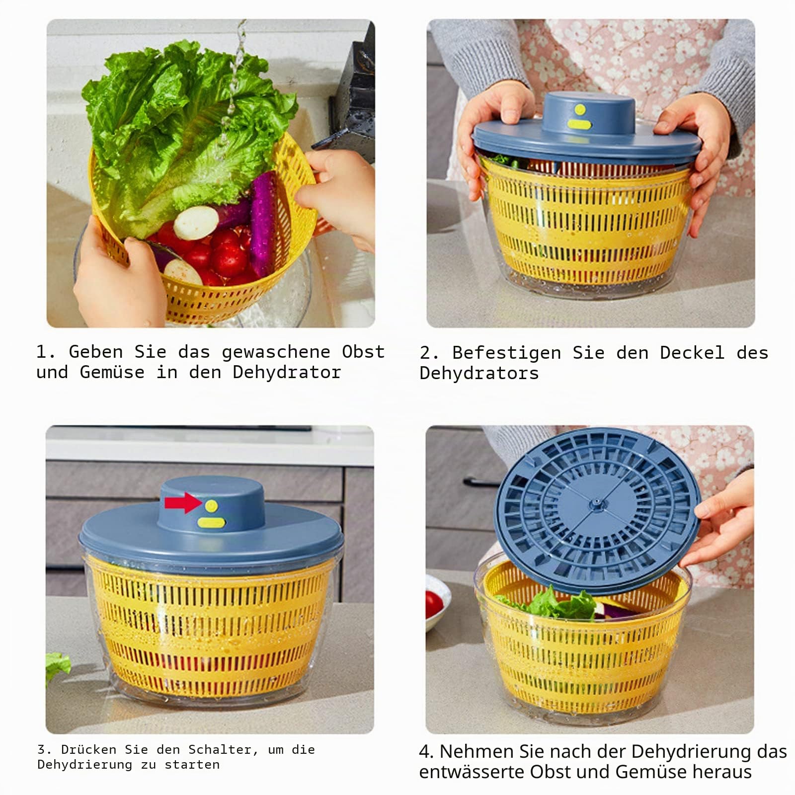 Salatschleuder Elektrische Salatschleuder 4L Küchenhelfer Salattrockner, Automatische Salat Schleuder mit Deckel, für Waschen und Trocknen von Salat Obst Gemüse, mit 350ml Squeeze Flasche
