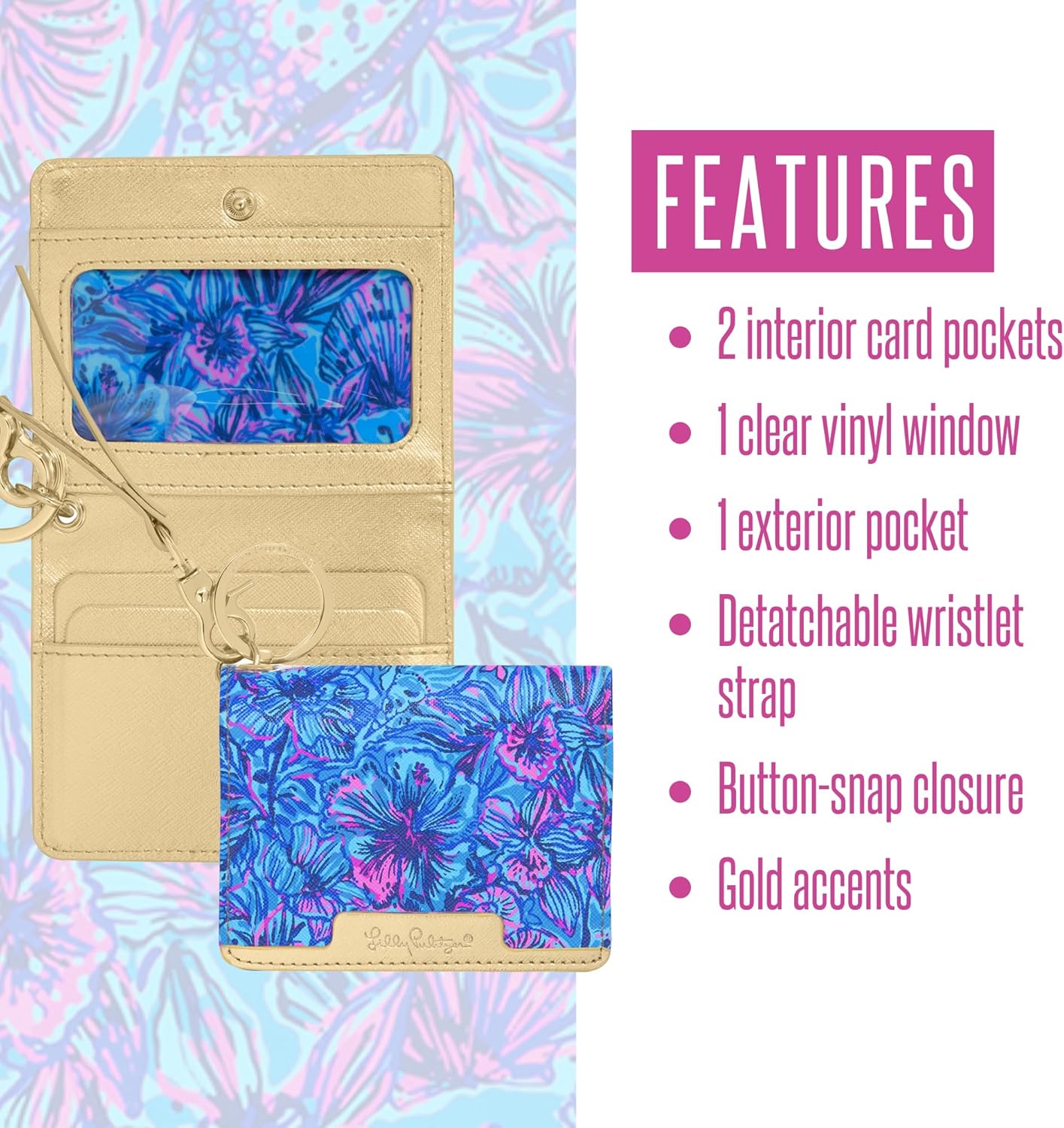 Lilly Pulitzer Vegan Leather Snap ID Card Case, Cute Keychain Wallet, Slim Credit Card Holder with Wristlet Strap (Shells n Bells) - Image 4