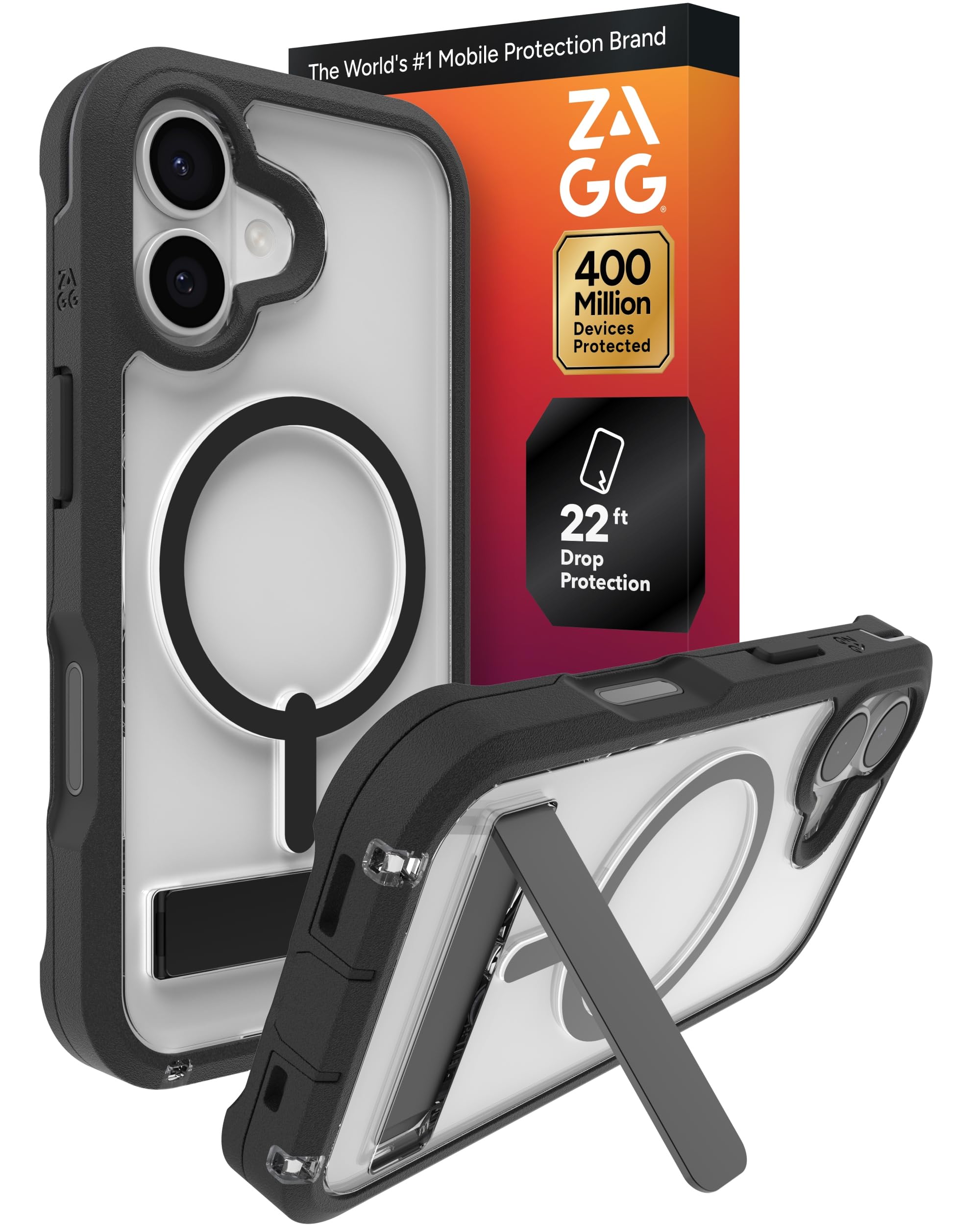 ZAGG Rainier Case with Kickstand for iPhone 17 - Black, Graphene 22ft (7m) Drop Protection, Lanyard Attach Points, MagSafe, Wireless Charging