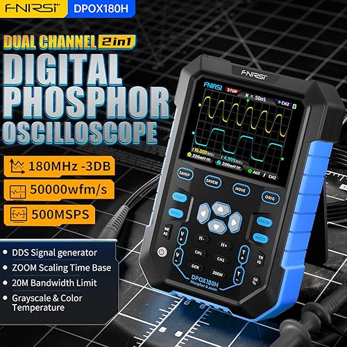 Miniatura 2 de FNIRSI DPOX180H Osciloscopio de fósforo digital de 2 canales, 2 en 1 Osciloscopio de mano generador de señal DDS, Ancho de banda de 180Mhz 500MSas