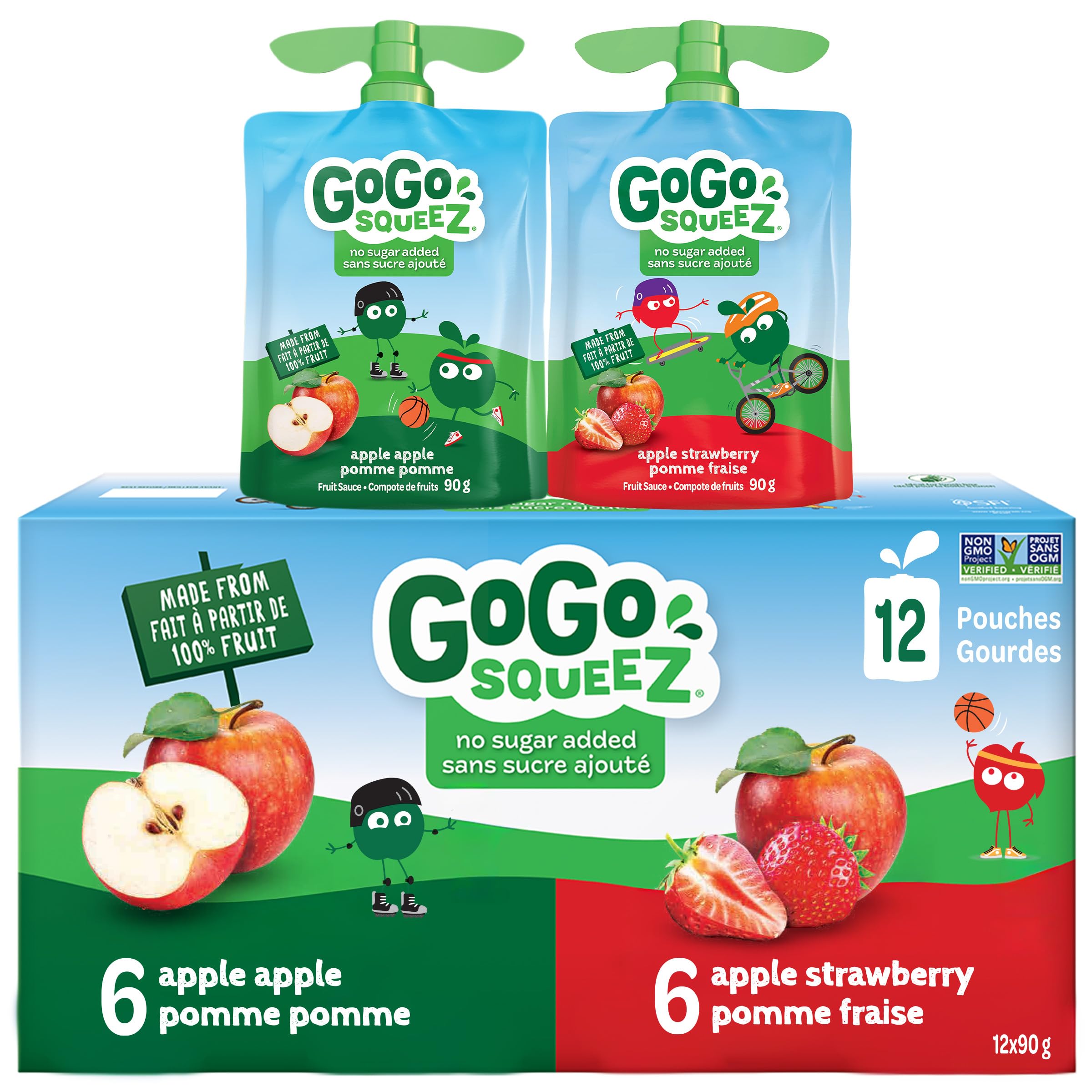 GoGo squeeZ Fruit Sauce Snack Pouches Variety Pack - Apple Apple, Apple Strawberry. 100% Real Fruit Puree, No Sugar Added, No Preservatives, 12 x 90g Squeezable Fruit Snacks - 2