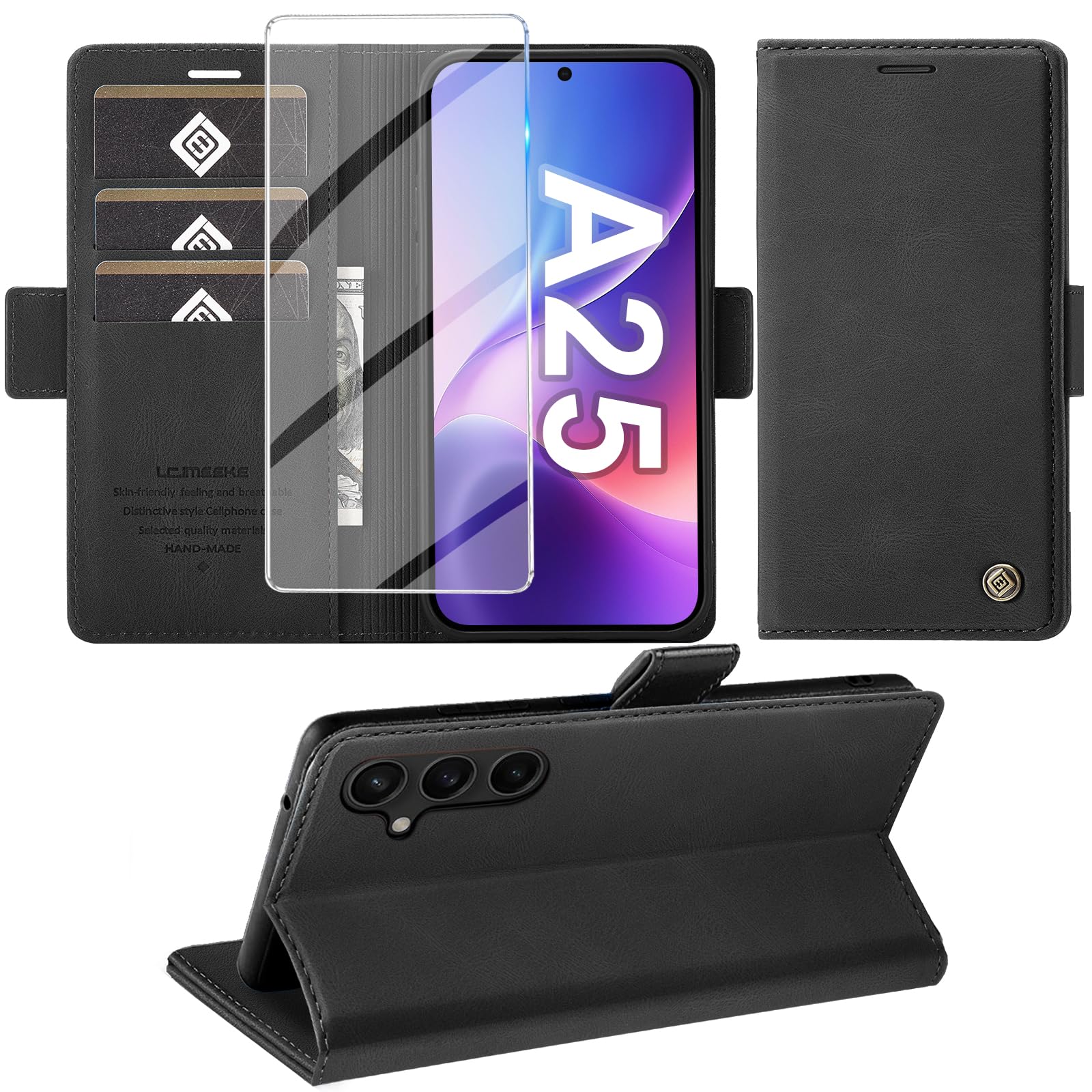Giyer Handyhülle für Samsung Galaxy A25 Hülle mit Schutzfolie, Schutzhülle Galaxy A25 5G PU Leder Wallet Flip Case Standfunktion Kartenfach Klapphülle für Samsung A25 Full Cover (Schwarz)