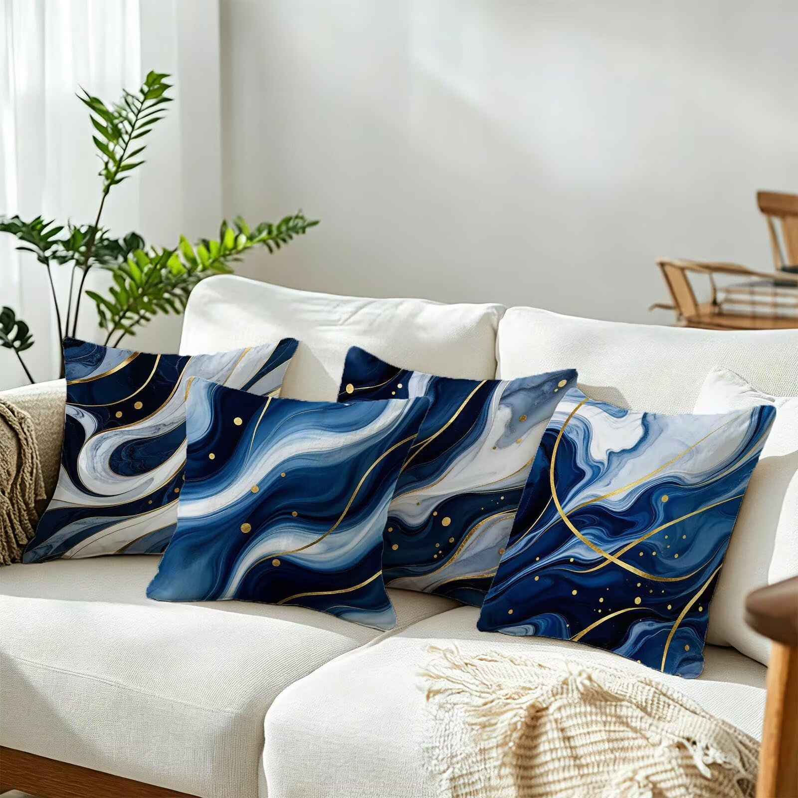 Blu Federe Cuscini Divano 50x50cm, Cuscini da Esterno Set de 4, Cod-90 | Velour Copricuscini Decorativi Letto Arredo, per Letto, Soggiorno, Giardino, Esterno, Casa Decorazione Set di 4 Linea