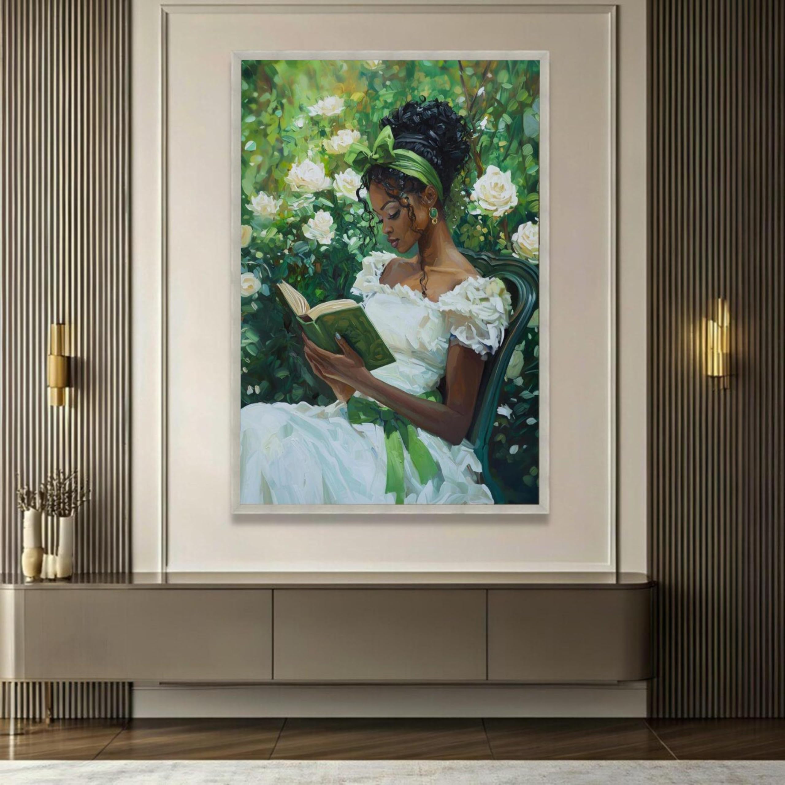 XINBAO Obraz na płótnie z kobietą czytającą, kwiatowa grafika na ścianę, duże płótno, dekoracja ścienna do domu (80 x 120 cm/bez ramy)