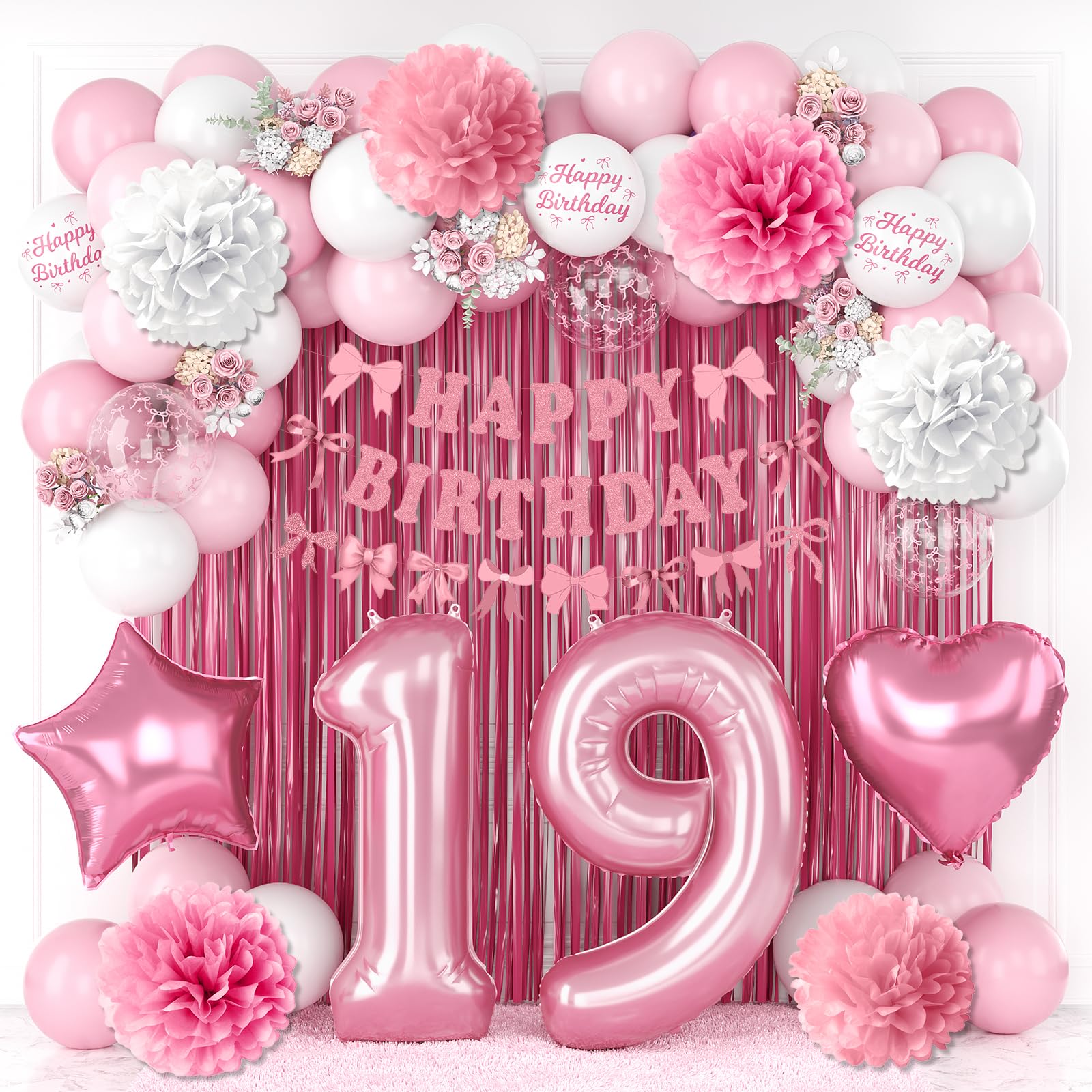 19th Birthday Decorations Girls Pink Number 19 Balloon Bow Coquette Party