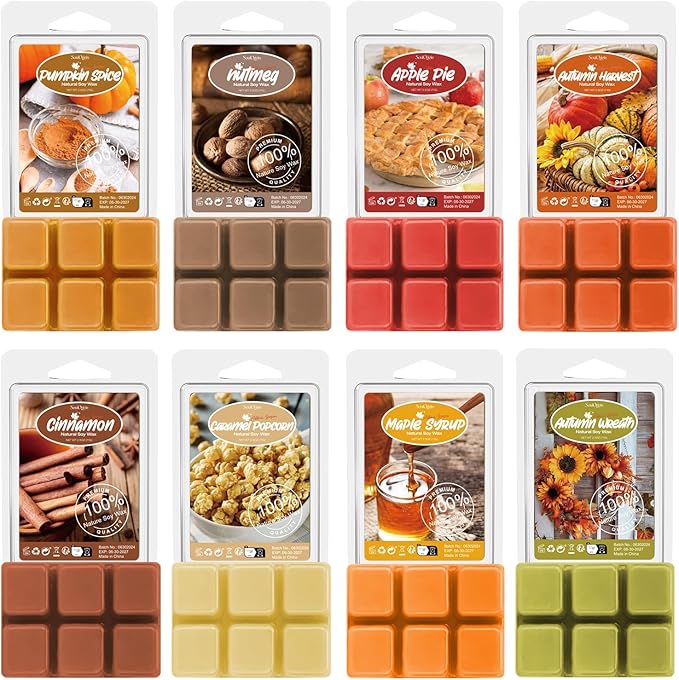 SoulOrigin Autumn Scented Wax Melts, Scented Soy Wax Cubes Gift Set for Wax Warmer-Pumpkin Spice, Nutmeg, Apple Pie, Autumn Harvest, Cinnamon, Maple Syrup, Caramel Popcorn, and Autumn Wreath, 8x2.5oz