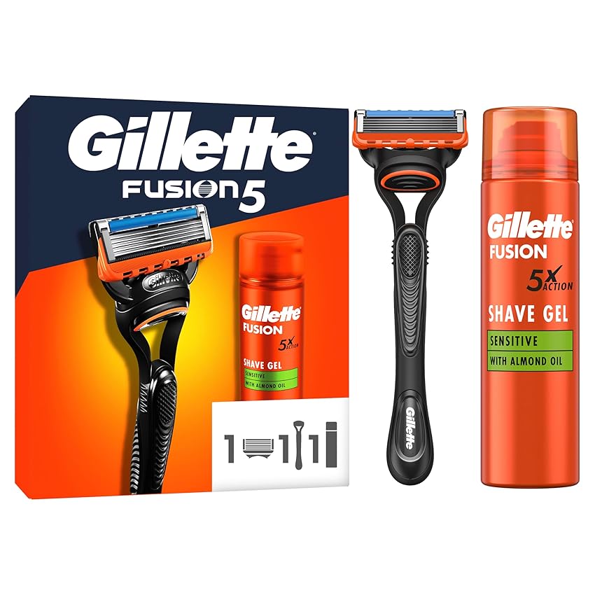 Gillette Fusion5 Rasoio Barba, 1 Rasoio Gillette + 1 Lametta Di Ricambio, Con Striscia Lubrificante Per Una Morbida Scorrevolezza E 5 Lame Per Una Rasatura Profonda E Duratura + Fusion Gel Da Barba
