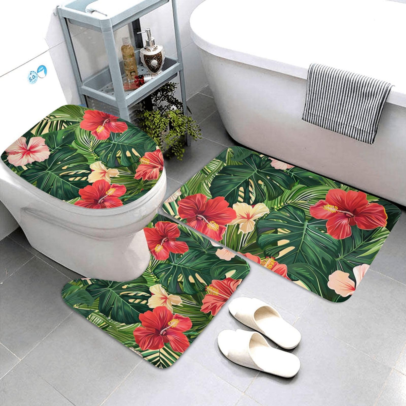 Lot de 3 tapis de bain antidérapants et absorbants en flanelle avec motif feuilles végétales et fleurs d'hibiscus