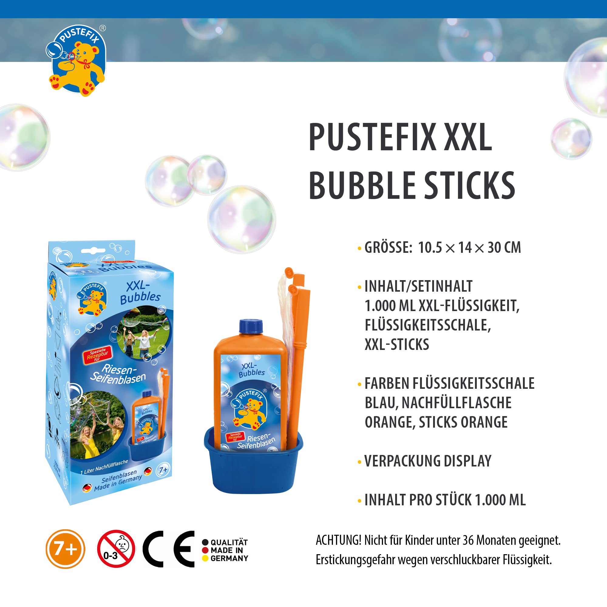 PUSTEFIX XXL-Bubbles + Nachfüllkanister 2,5 Liter I Seifenblasenwasser und Zubehör I Bunte Seifenblasen Made in Germany I Für Hochzeit, Kindergeburtstag, Standesamt I Riesen-Seifenblasen
