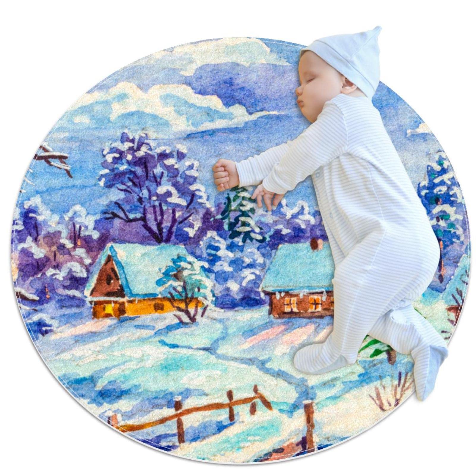 Round Area Rugs Winter Country Landscape Indoor Entryway Doormat Throw Runner Rug Floor Carpet Pad Yoga Mat for Living Room Bedroom 2.3 Feet