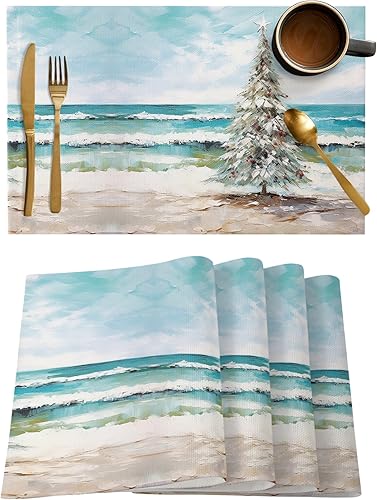 Juego de 4 manteles individuales de árbol de Navidad costero, modernos manteles individuales con pintura al óleo de playa para mesa de comedor,