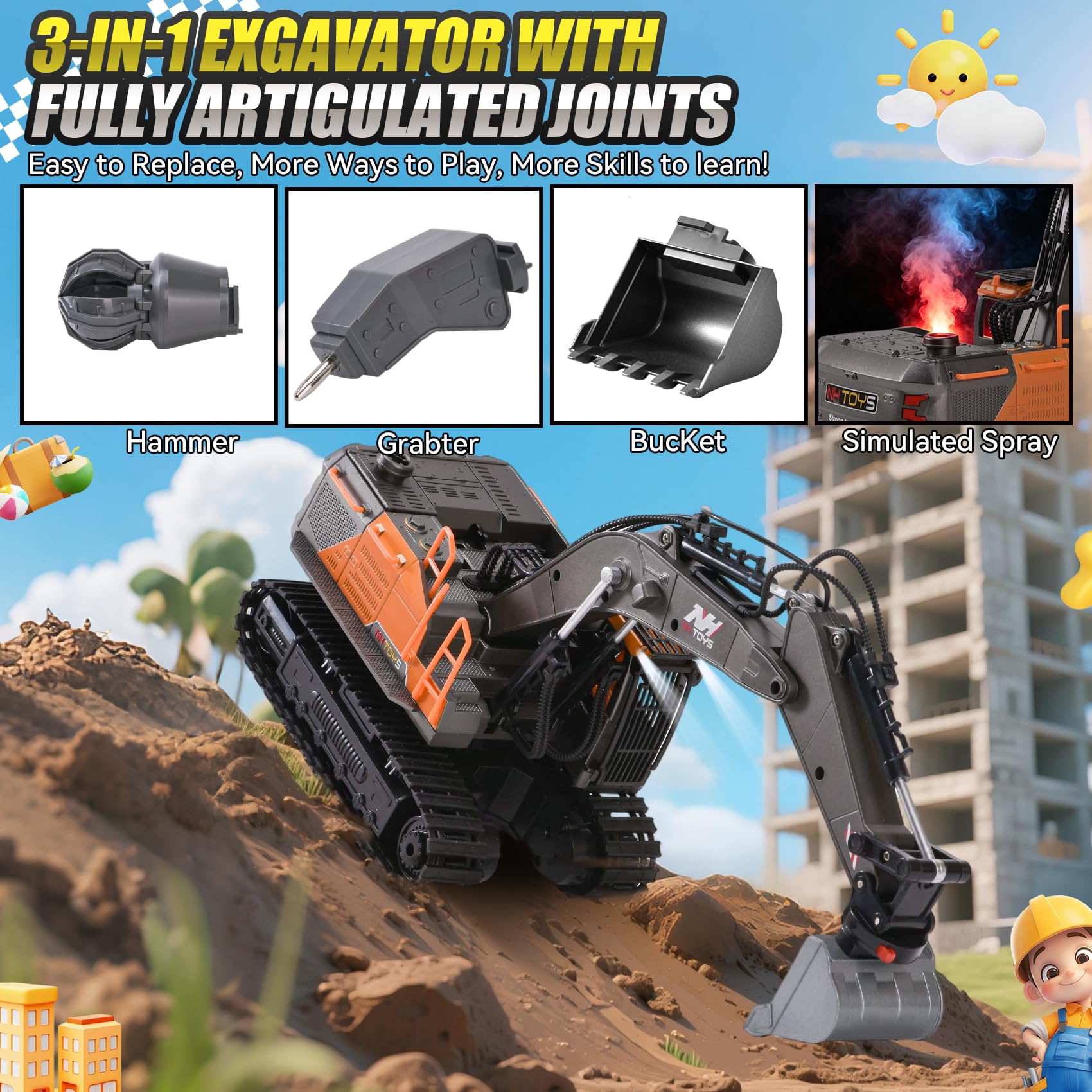 3-in-1 Ferngesteuerter RC Bagger mit Metallener Schaufel Greifer Bohrer, 2.4GHz 14 Kanäle | 680° Rotation | LED Licht | Wasser-Dampf-Effekt, RC Bagger Spielzeug Geschenk für Jungen 3-12 Jahre