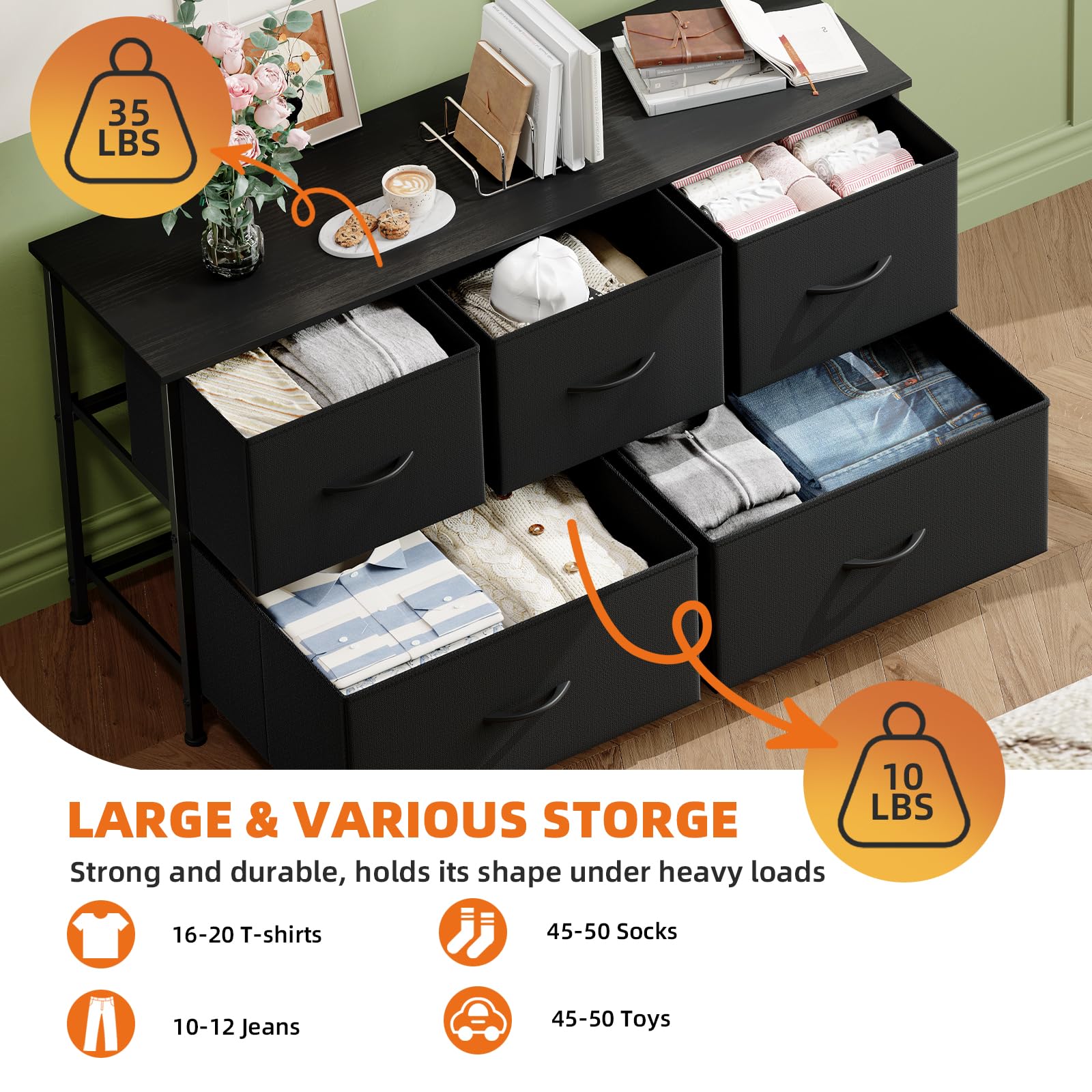 WLIVE Dressoir voor slaapkamer met 5 laden, brede ladekast, stoffen dressoir, opbergkast met stoffen bakken voor kast, woonkamer, hal, donkergrijs