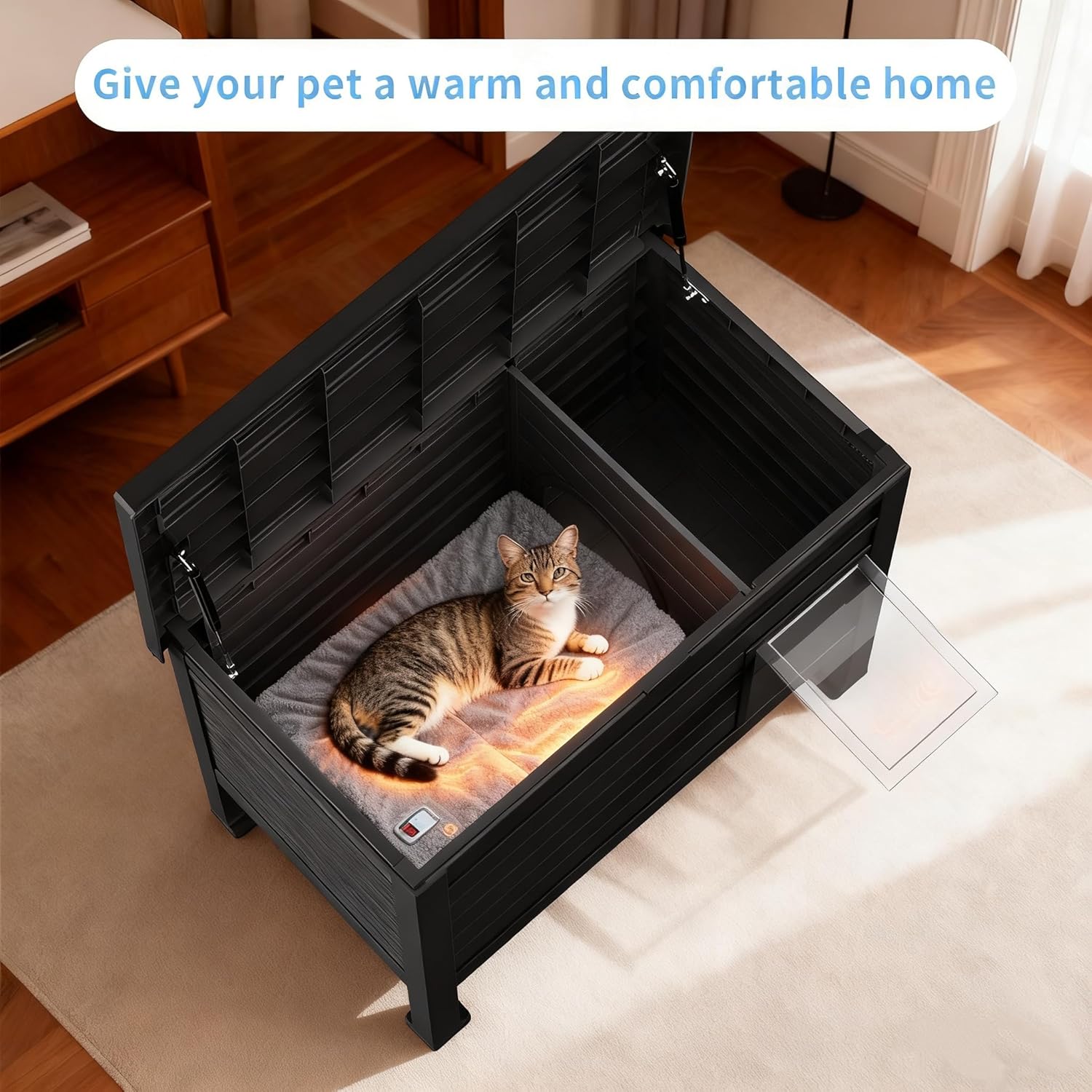 Heated Outdoor Cat House,Weatherproof Insulated Feral Cat Shelter with Rasied Floor & Windscreen,Outdoor Cat House for Feral Cats, Rabbits,Multiple Small Animals (Black with Heating Pad)