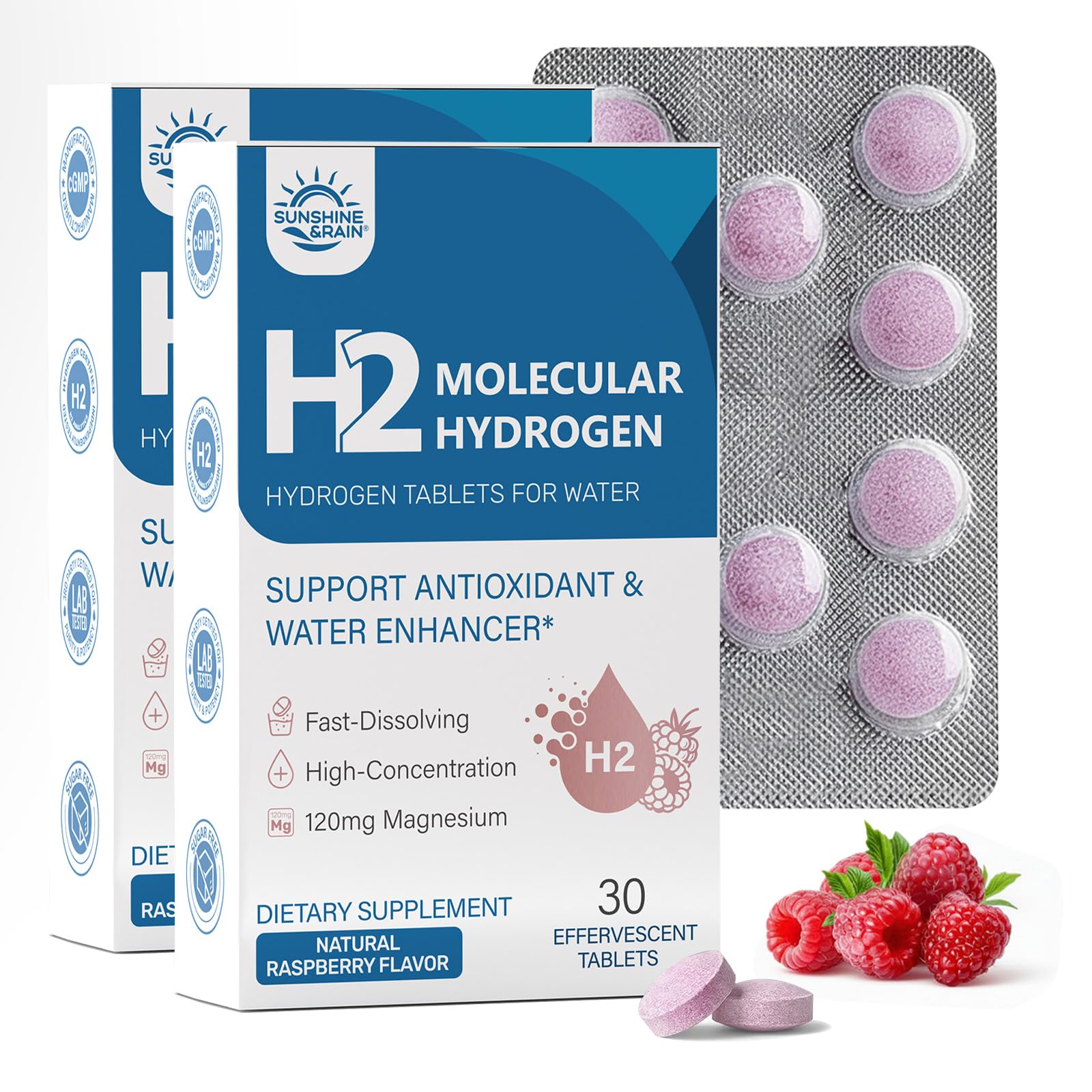 Hydrogen Tablets, Molecular Hydrogen H2 Tablets, 16 PPM Hydrogen Water Natural Raspberry Flavor 30 Count (Pack of 2)