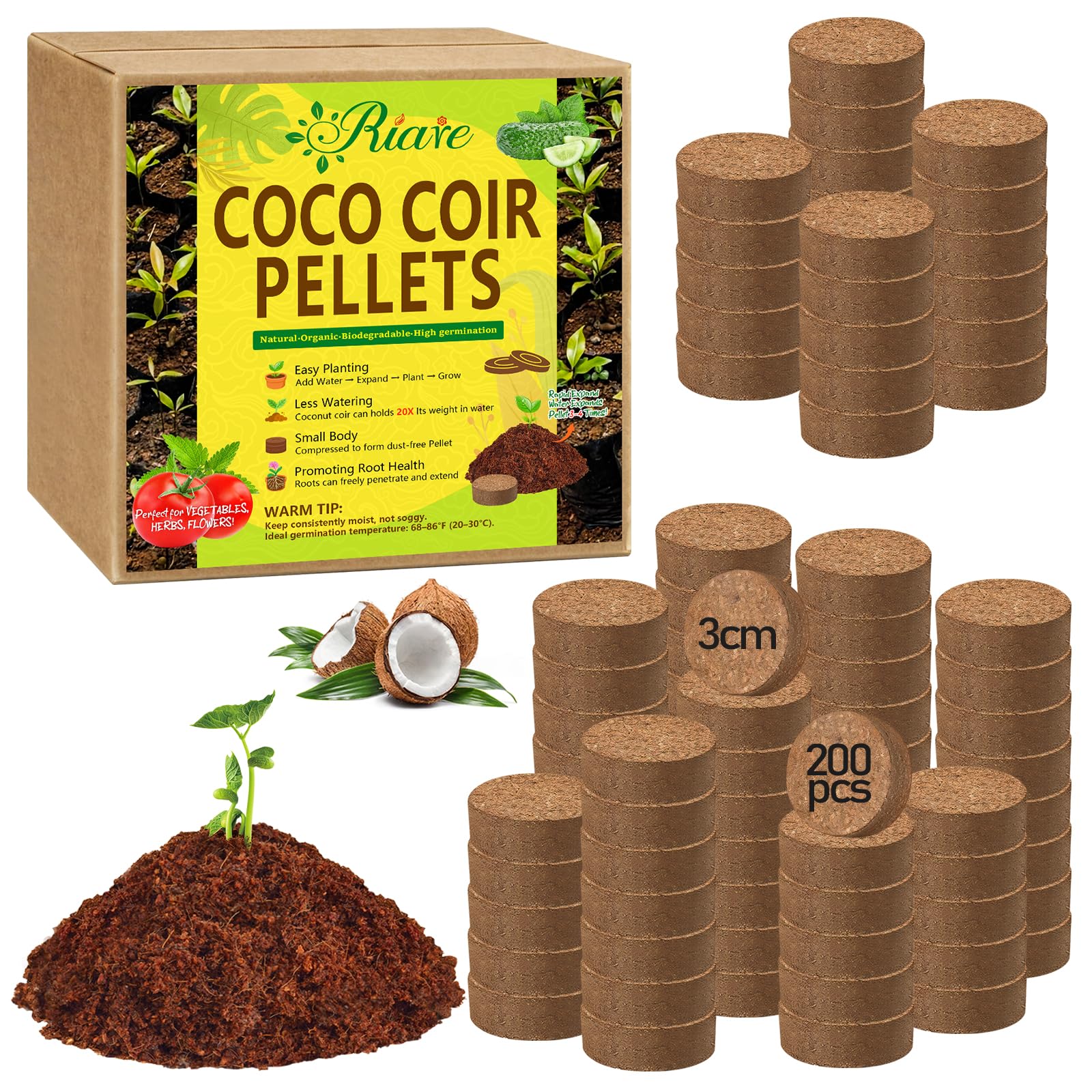 Riare 200 Pcs 30mm Coco Coir Pellets