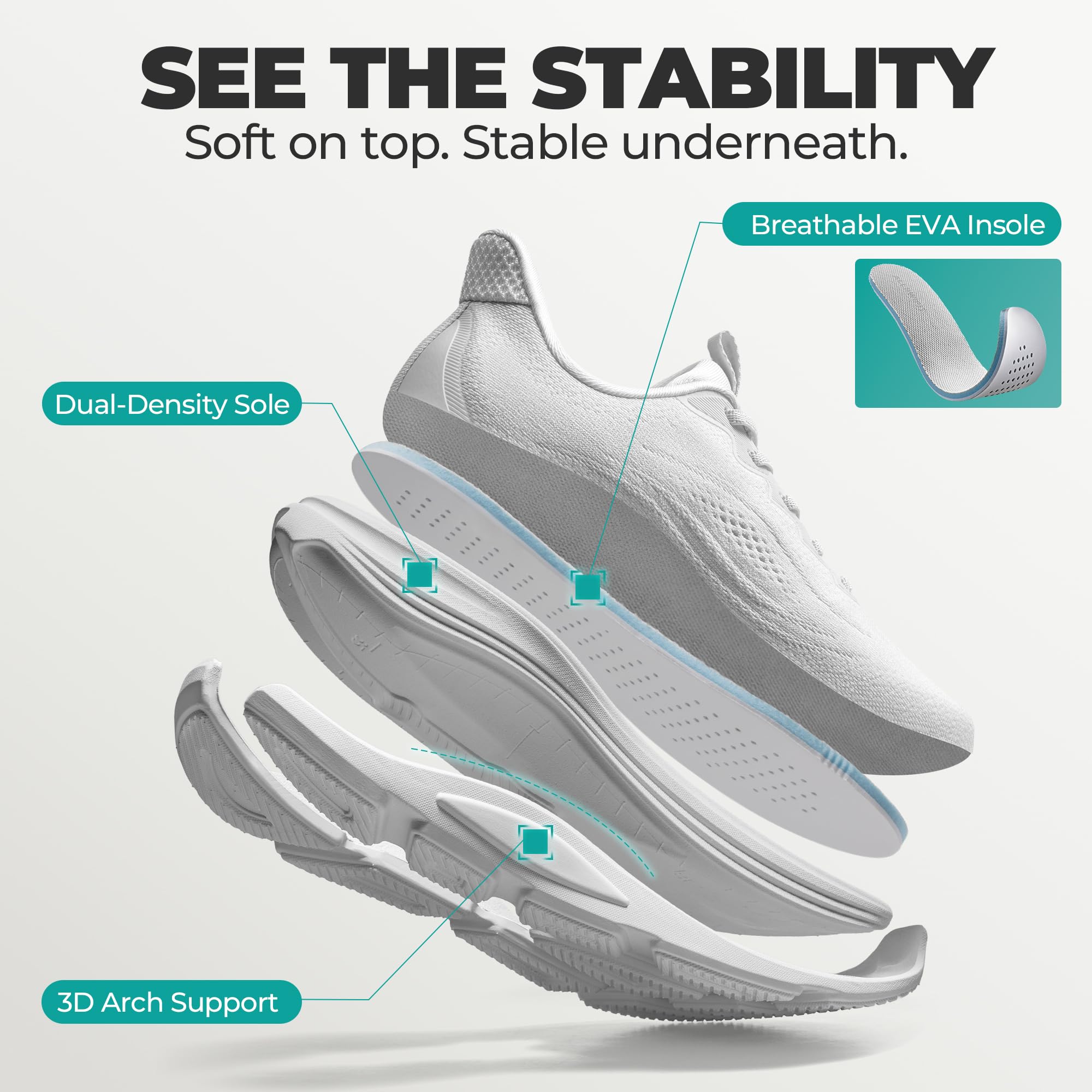 ALLSWIFIT Damskie wsuwane buty do chodzenia bez użycia rąk poduszka bieganie tenis wygodne wsparcie łuku siłownia trening sportowe modne trampki, biały, 39.5 EU