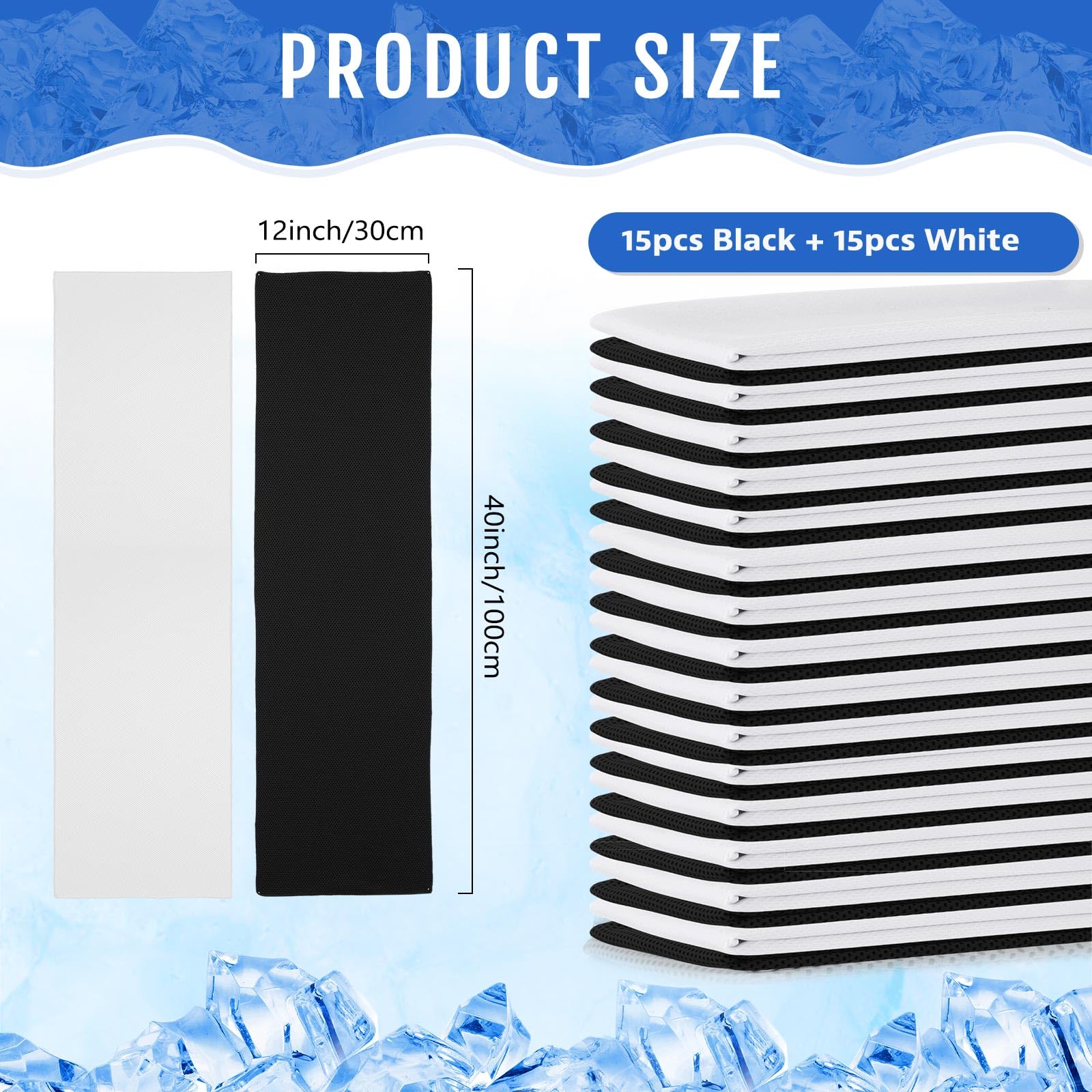 Pack 30 Toallas Refrescantes 40"x12" Microfibra Cooling Towel Deportiva, Efecto Frío Instantáneo, Reutilizables, Transpirables, para Gym Yoga Running Golf Black, White