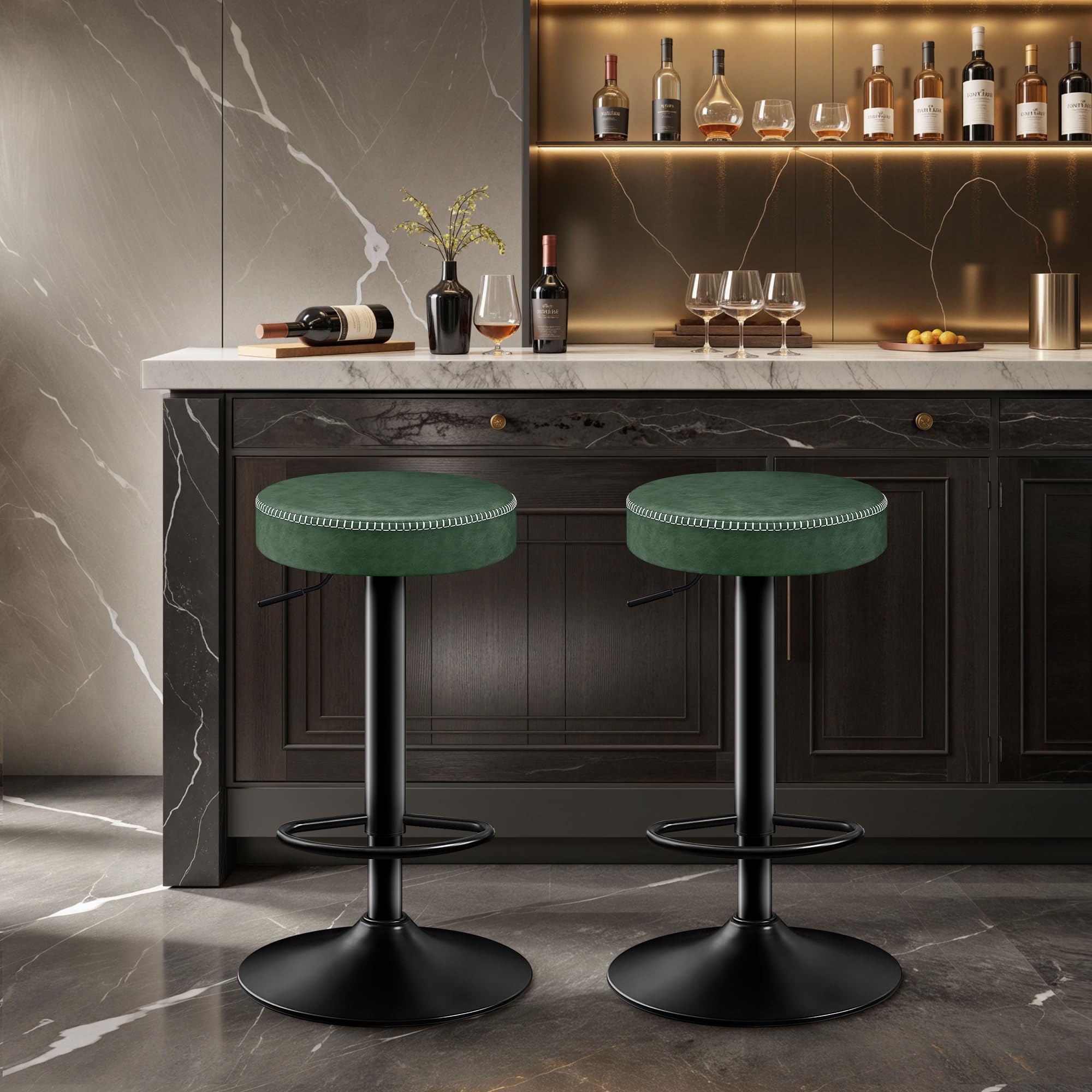 STOOLINK Set di 2 Sgabello da Cucina, Sgabelli da Bar Regolabile in Altezza Sgabelli Cucina Cuoio in Microfibra, Sgabelli Alto con Poggiapiedi, Sgabelli Bar Girevole a 360°-Verde