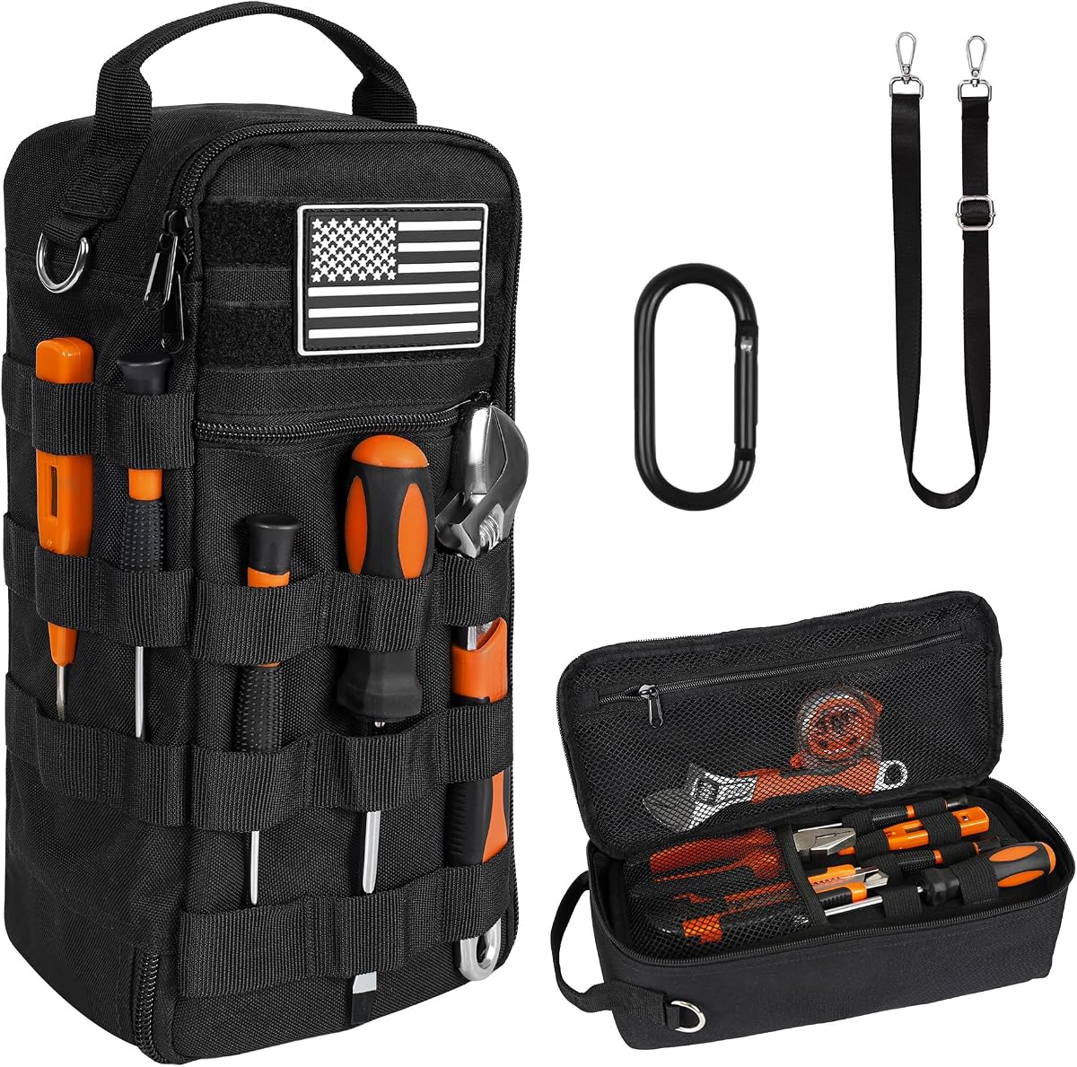 13 Inch Portable Small Tool Bag, Heavy Duty Tool Organizer Bag with Shoulder Strap and D-ring Clip, Tactical Tool Bag, Tool Pouch Bag for Electricians, Carpenters, HVAC Technicians (Black)