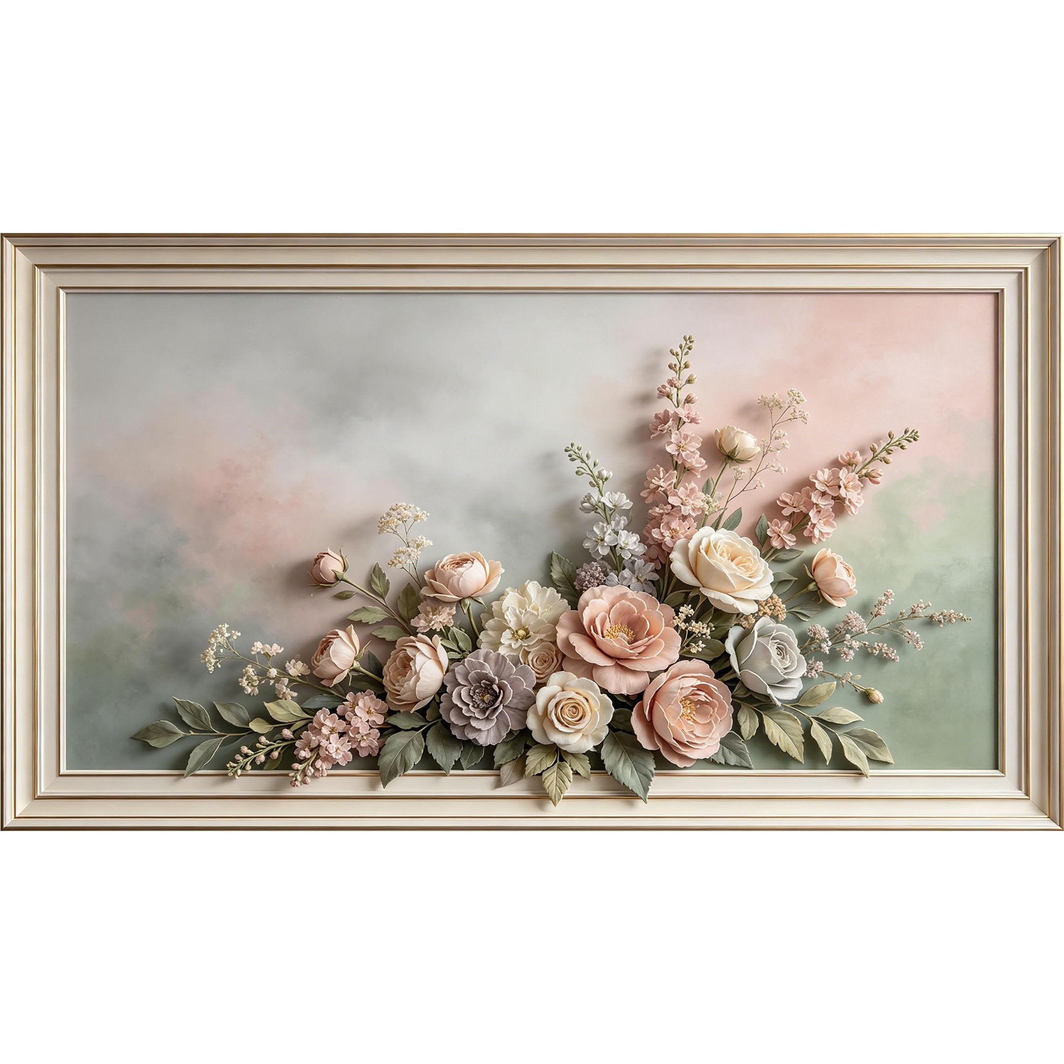 QZLITHOTIC 50x90cm3D Framed Wall Art， Botanical Pastel Floral Bouquet Self‑Adhesive Mural， Water‑Activated Peel & Stick Fabric Decor Wall Decal for Bedroom Living Room