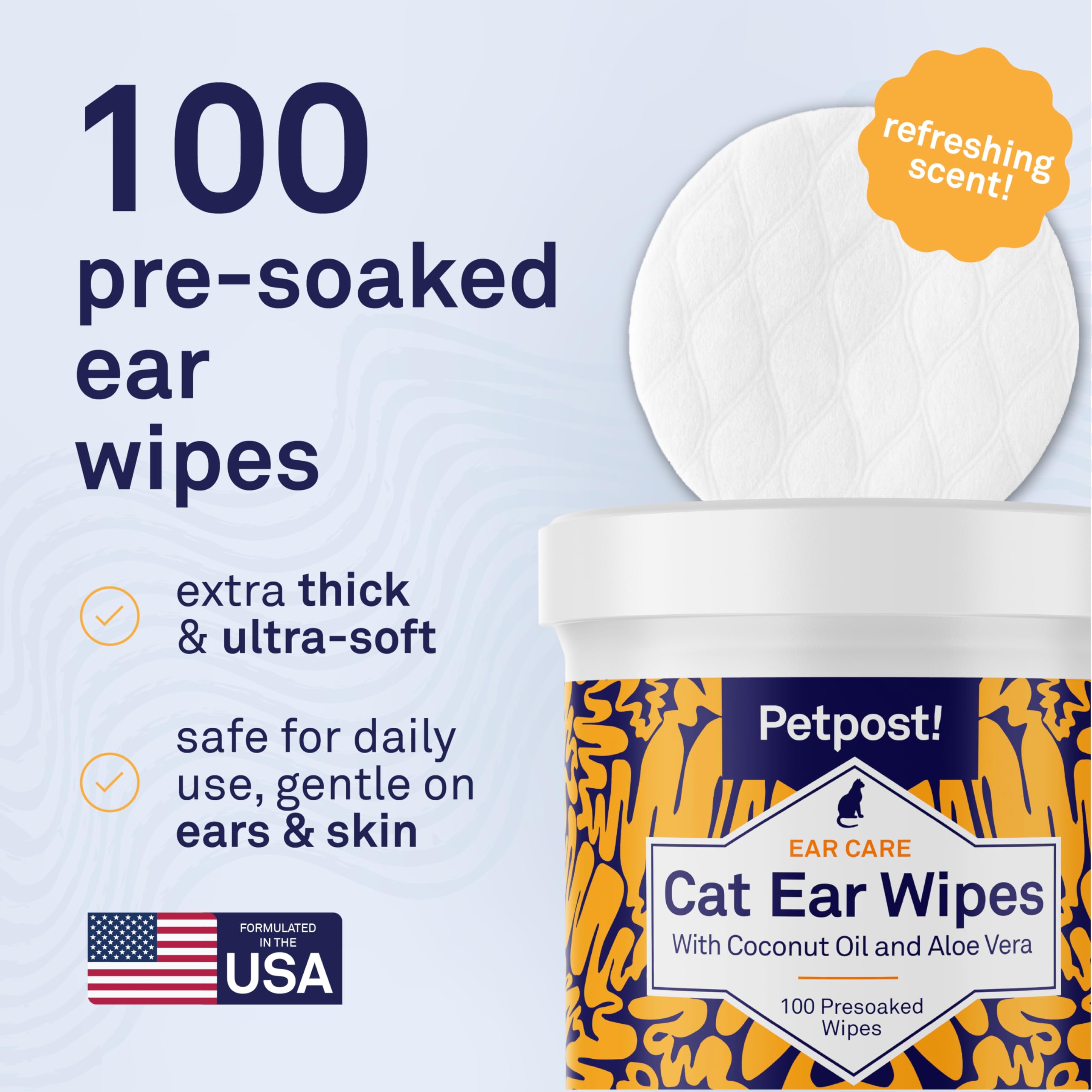Petpost | Toallitas Limpiadoras de Oído para Gatos – 100 Almohadillas de Algodón Ultra Suave en Solución de Aceite de Coco – Tratamiento para Garrapatas de Oído de Gatos e Infecciones Auditivas