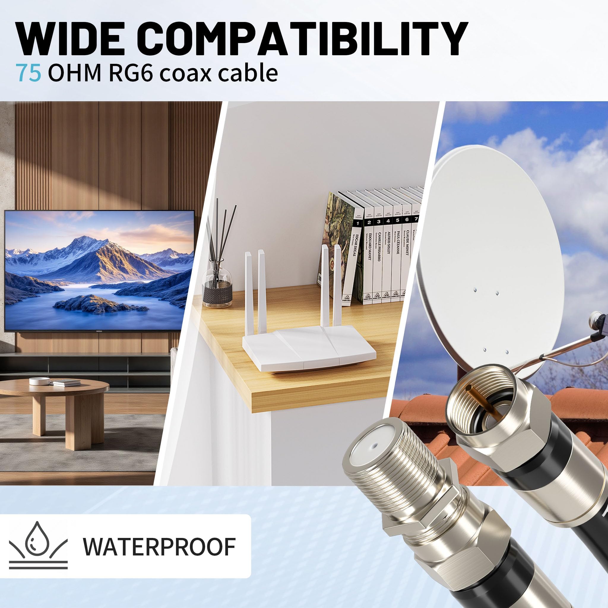energeaster Câble coaxial RG6 de 30,5 m avec connecteur de type F, rallonge de câble coaxial, Internet haut débit, antenne TV numérique intérieure pour satellite, antenne, DVR, magnétoscope, HDTV