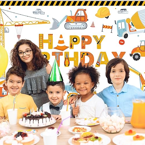 Miniatura 4 de Avezano Telón de fondo de cumpleaños de construcción amarillo, pancarta de feliz cumpleaños, decoración de cumpleaños de excavadora, 70.8 x 43.3