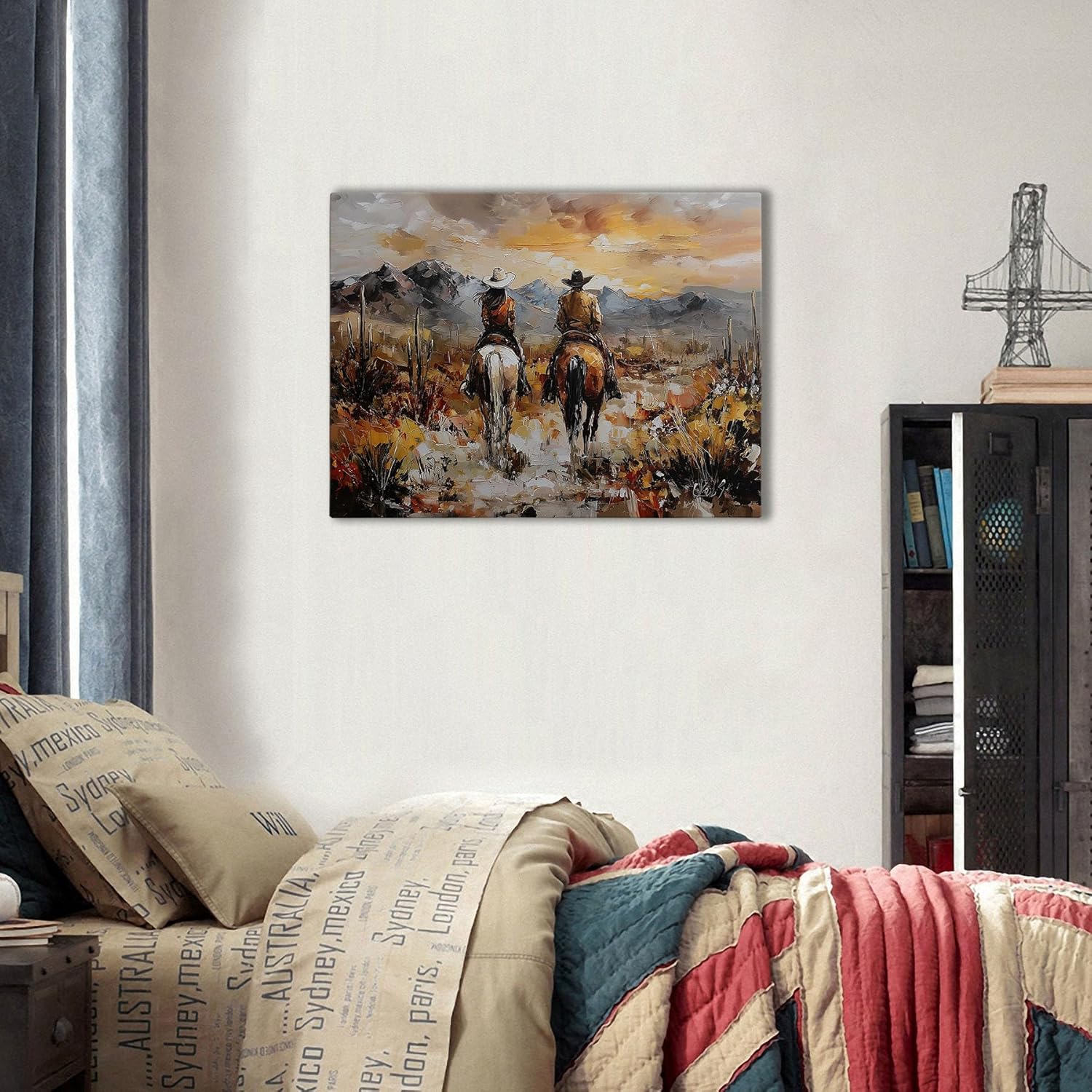 Ypxzzj Western Cowboy and Cowgirl on Horses Canvas Wall Art Mountain Desert Landscape Sunset Painting Horse Poster Picture Rustic Equestrian Decor for Living Room Ranch Bedroom(16''x24'')