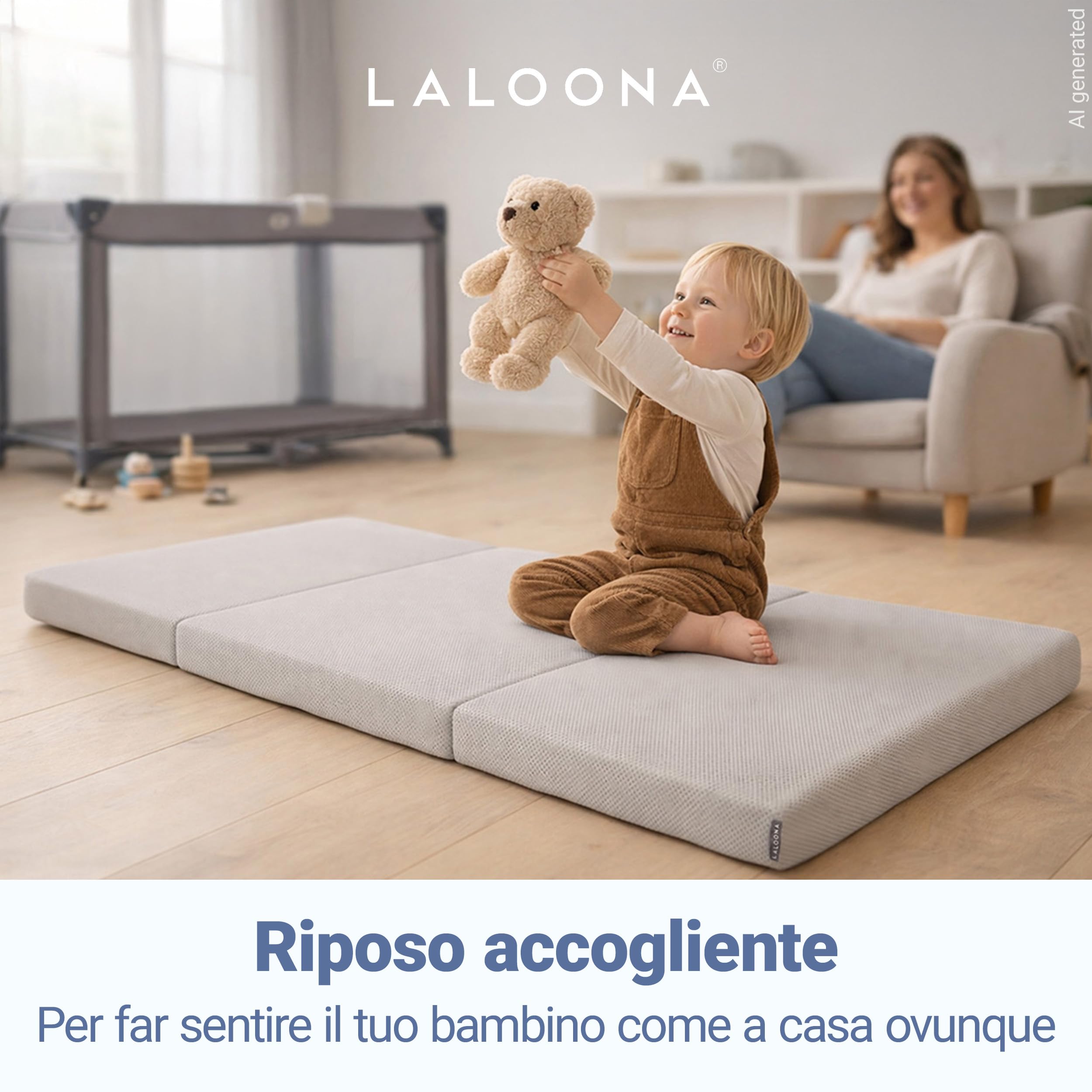 LaLoona Materassino da Viaggio 60x120 cm - Materasso Pieghevole Neonato 5 cm Spessore – con Fodera Sfoderabile - Borsa Trasporto - Traspirante - Lavabile - Certificato OEKO-TEX - Grigio