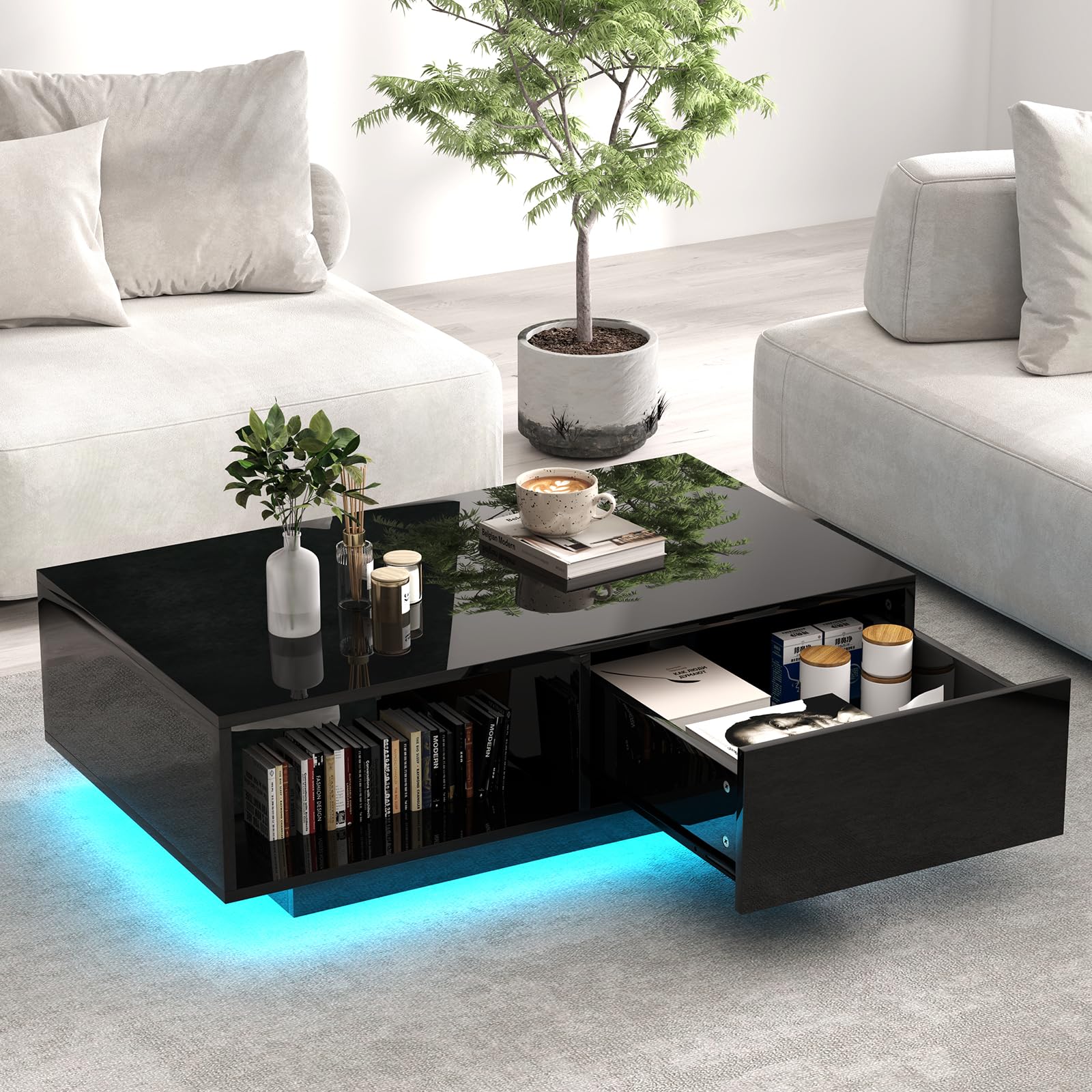 LIFEZEAL Tavolino da Salotto con Luci a LED, 1 Cassetto, 1 Scomparto, Colori, Luminosità Regolabili, Moderno, Basso, Remoto Controllo, Tavolino da Caffè, Soggiorno, Max 65kg, 95x55x31cm, Nero Lucido