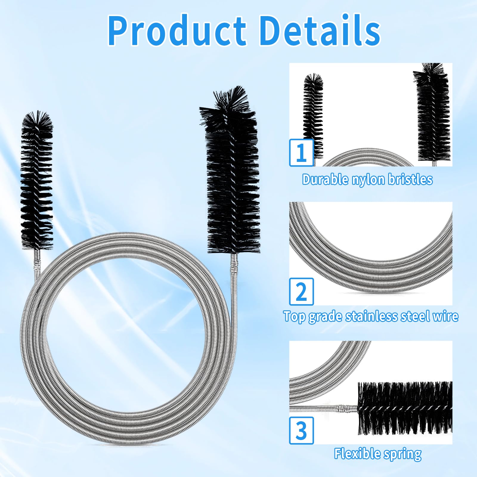 2PCS 155cm Flexible Feeding Tube Cleaning Brush Slim, Slim Pipe Cleaning Tool with Dual Nylon Bristles, Hair Clog Remover & Drain Unblocker Wire for Kitchen Sink, Aquarium, Bathroom Pipes - Image 3