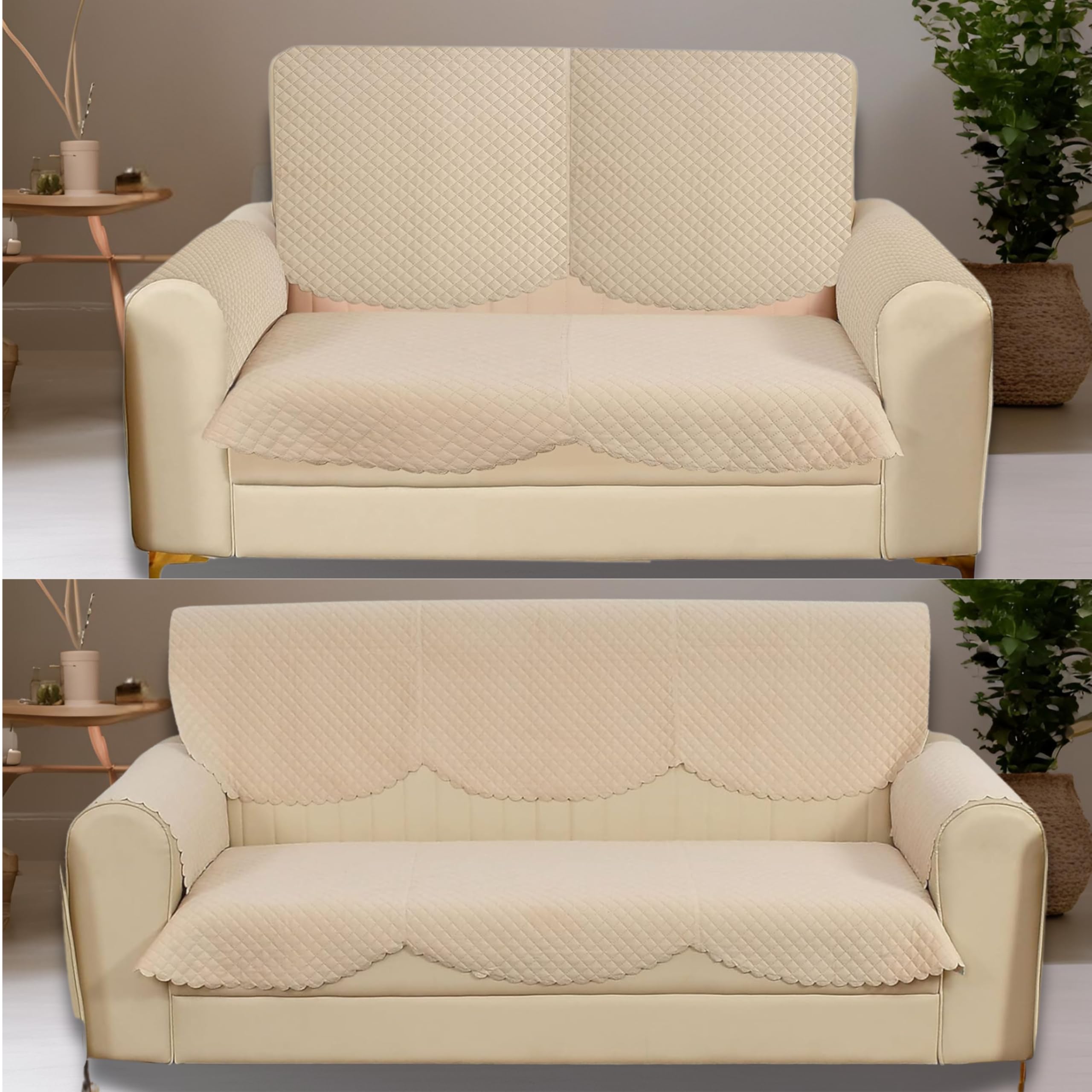 Wecomfii Sofa Covers 3 Seater and 2 Seater with Arm Cover – Soft & Stylish Sofa Protector Cover, Velvet Quilted Sofa Cover for Living Room, Cotton Sofa Covers Set (Beige, 3+2 Seater+arm Cover)-image-11