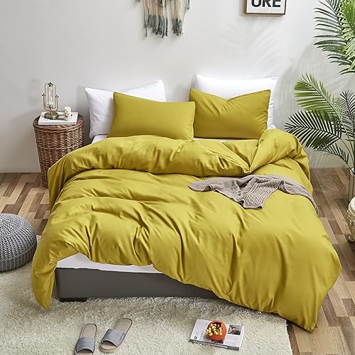 Miniatura 2 de Luxlovery Chartreuse Juego de edredón moderno en color verde musgo amarillento, juego de cama de 3 piezas, suave y transpirable, tamaño King