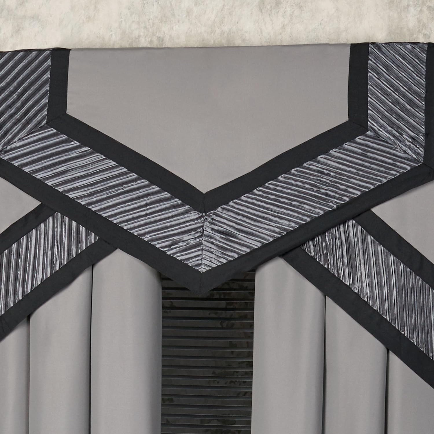 Omega Contemporary Luxury Window Treatment | Sophisticated | Silver, Gray, Charcoal, Black | Pleated | Silky Polyester Satin | 4 Piece Set: 84L Curtain Panel Drapery Pair and Cornice Valance Set