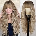 Lativ Dirty Blonde Wig With Bangs Long Wavy Curly Ombre Blonde Wig with Dark Roots Synthetic Heat Resistant Wigs for Women Daily Party Use 26 Inches