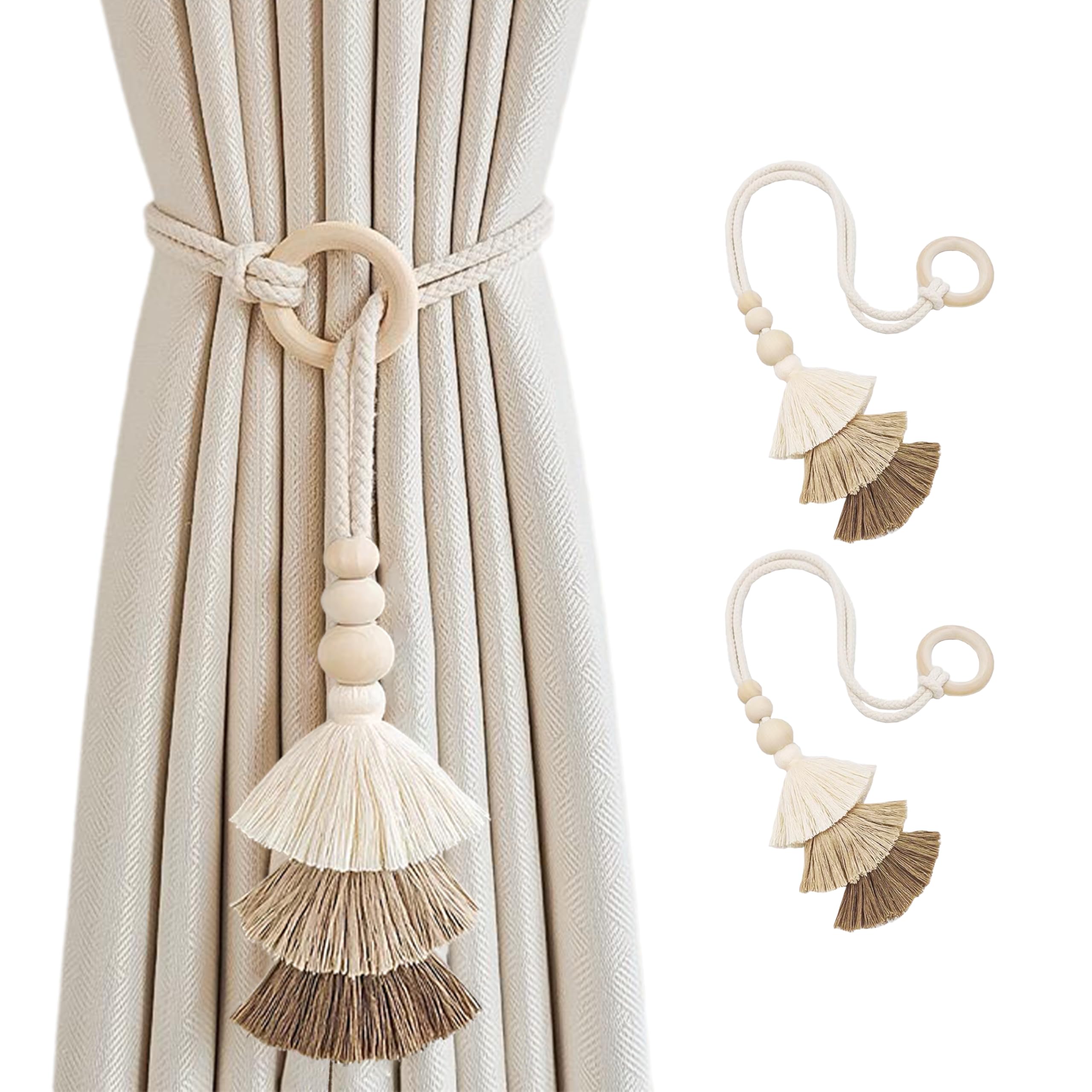 SRG Curtain Tiebacks for Curtains 2 Pack, Decorative Curtain Holdbacks for Drapes, Handmade Tie Backs No Drilling for Home Bedroom Window Decor – Tassel Beige