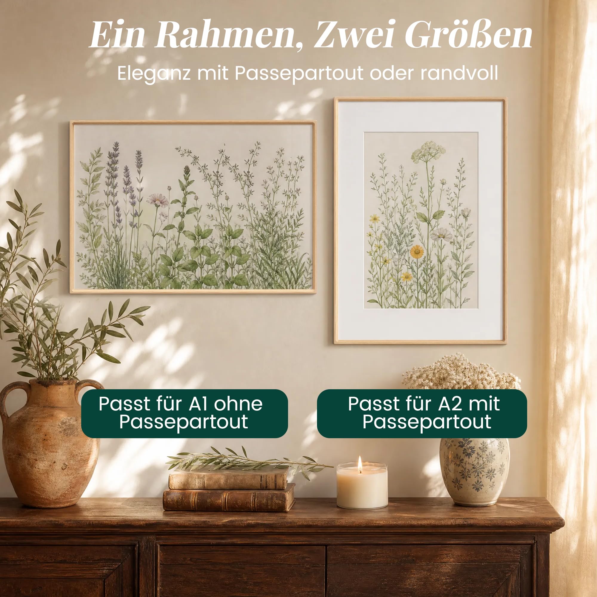 Bilderrahmen A1 (59.4x84cm) aus Massivholz Eiche, Hochtransparentes Temperglas, Handgefertigter Ecken Posterrahmen mit Passepartout für A2 (42x59.4cm), Einzelzapfen, Wandmontag