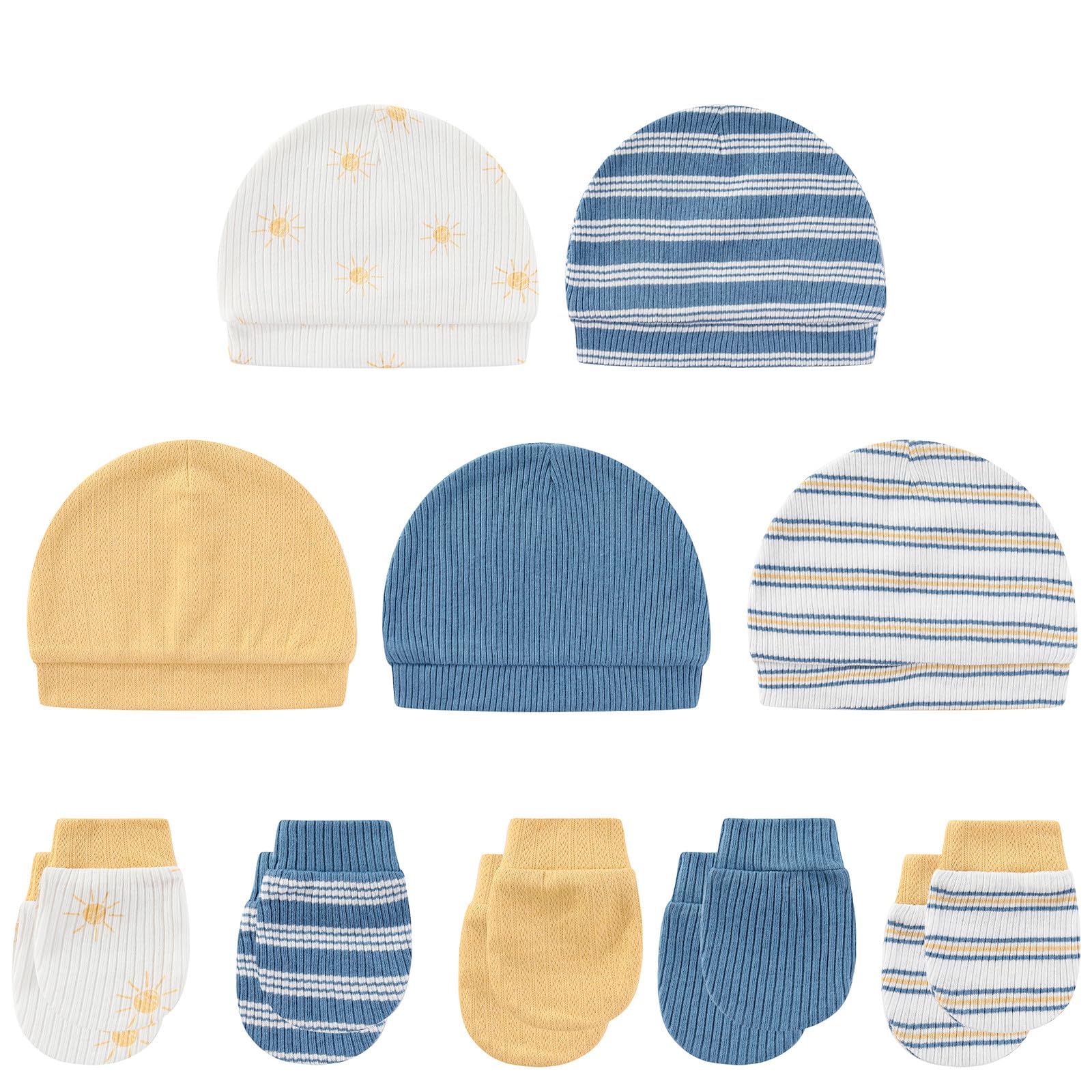 MAMIMAKA Baby Hat and Mittens Set Cotton Newborn Baby Hats Caps for Boys and Girls, 0-6 Months