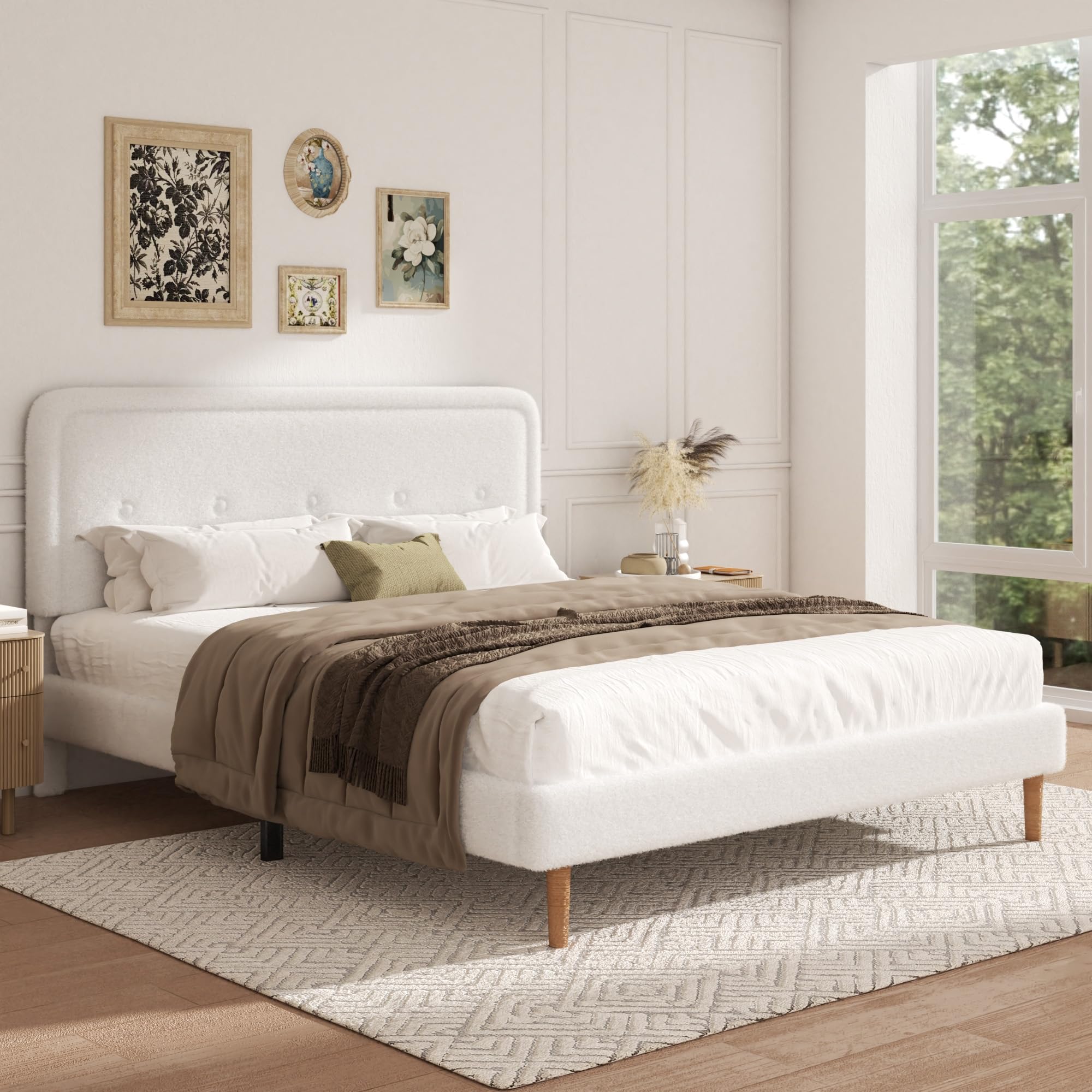 King Size Boucle Bed Frame with Adjustable Headboard, Cloud Boucle Upholstered Platform Bed Frame, Rounded Corners Design & Easy Assembly, Box Spring Optional, Noise Free, White