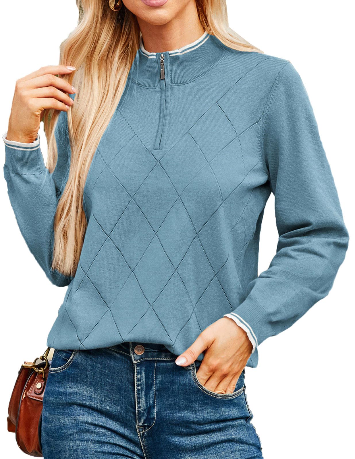 JACK SMITH Pullover Sweaters for Women Long Sleeve Argyle Quarter Zipper Collar Polo Sweater Ribbed Knit Golf Tops
