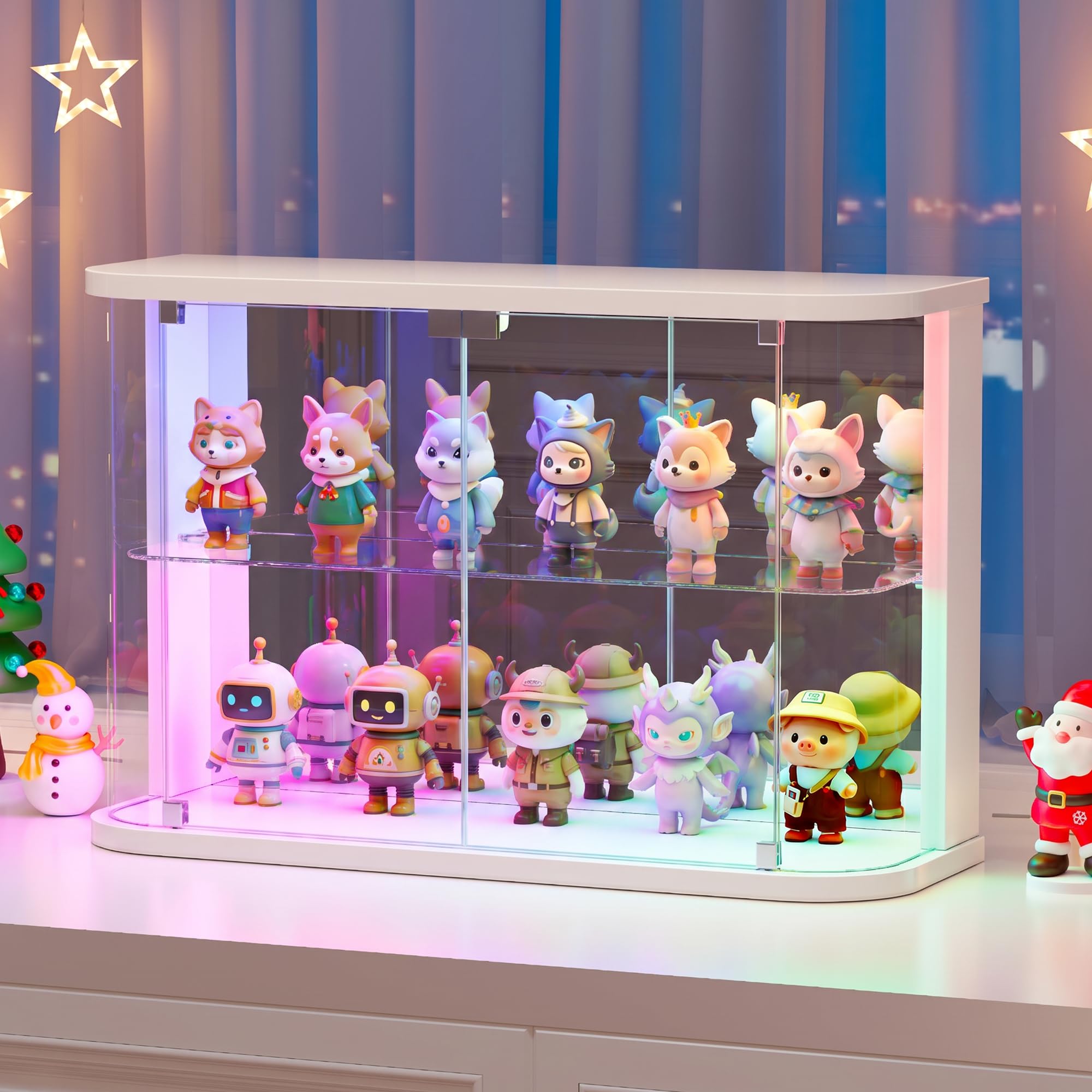 Vlsrka Glasvitrine mit LED Beleuchtung und Glastüren, Glas Vitrinenschrank | Vitrine mit RGB-Licht, Sammlerstücke Präsentieren, Figuren Aufbewahren, Temperglas, Push-to-open, Wohnzimmer Schlafzimmer